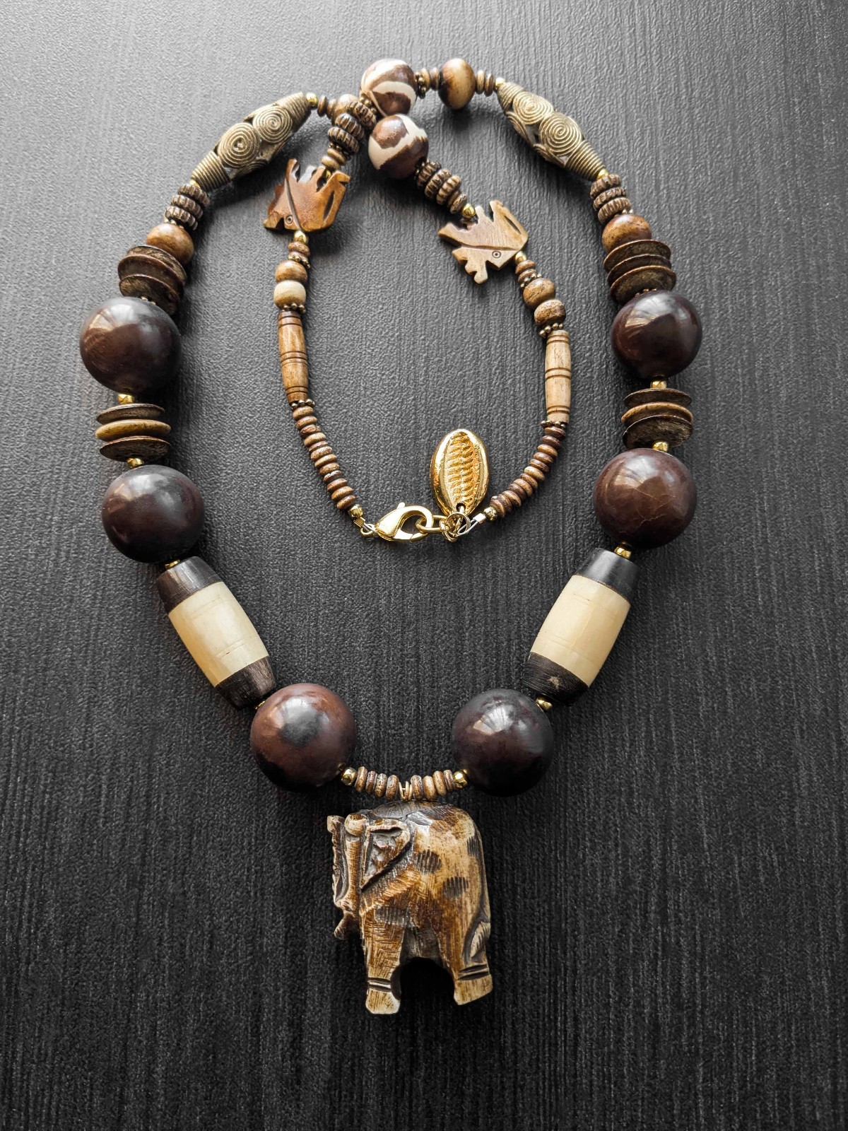 African Bone Elephant Pendant Necklace | Tribal Ethnic Boho Statement