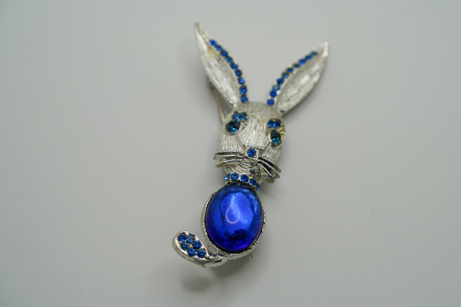 Vintage Silver Blue Jelly Belly Rhinestone Bunny Mouse Brooch 7.2cm JB2