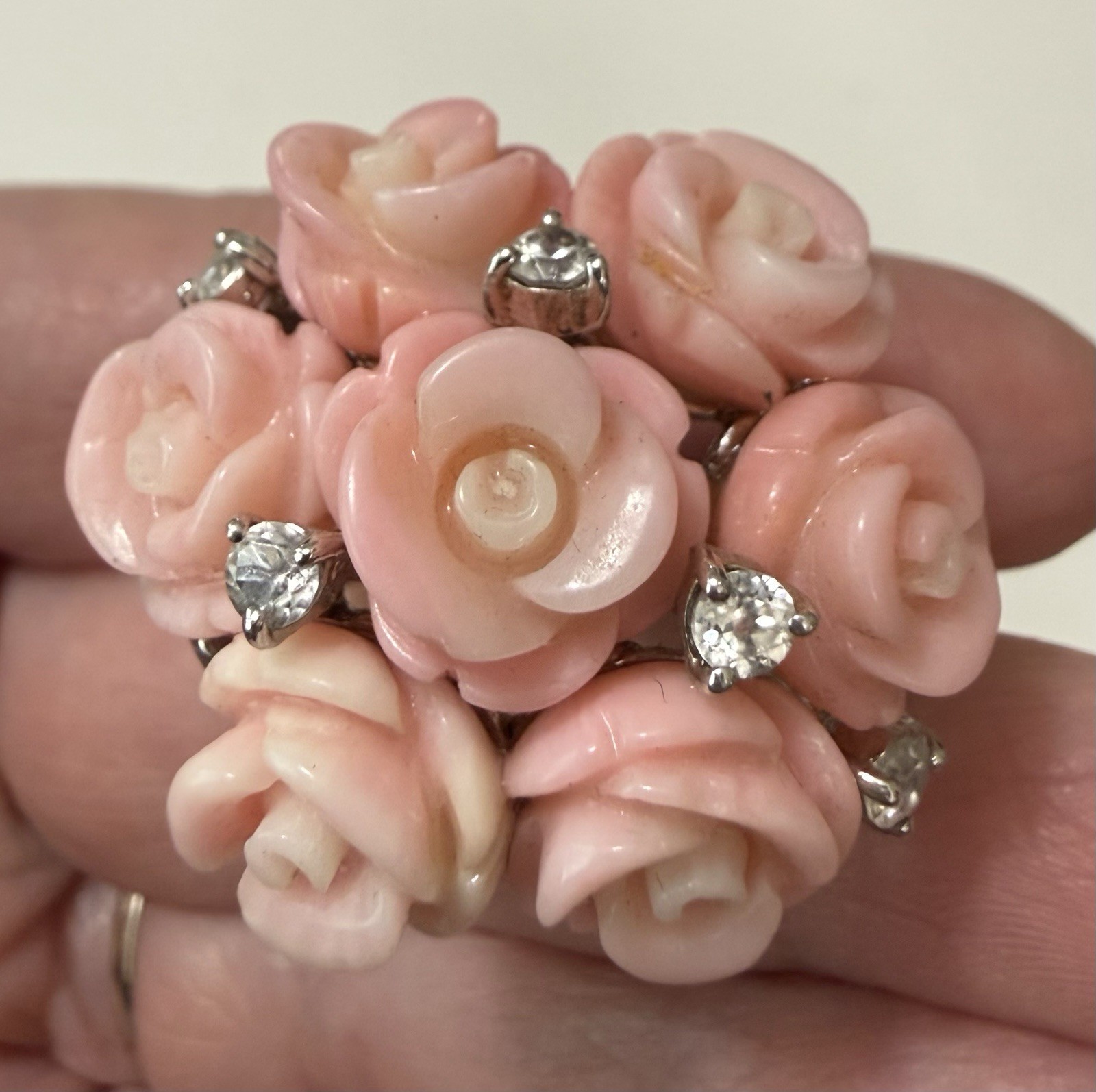 1990s Sterling Silver Angel Skin Coral Roses White Topaz Necklace Ring Sz 9 Set
