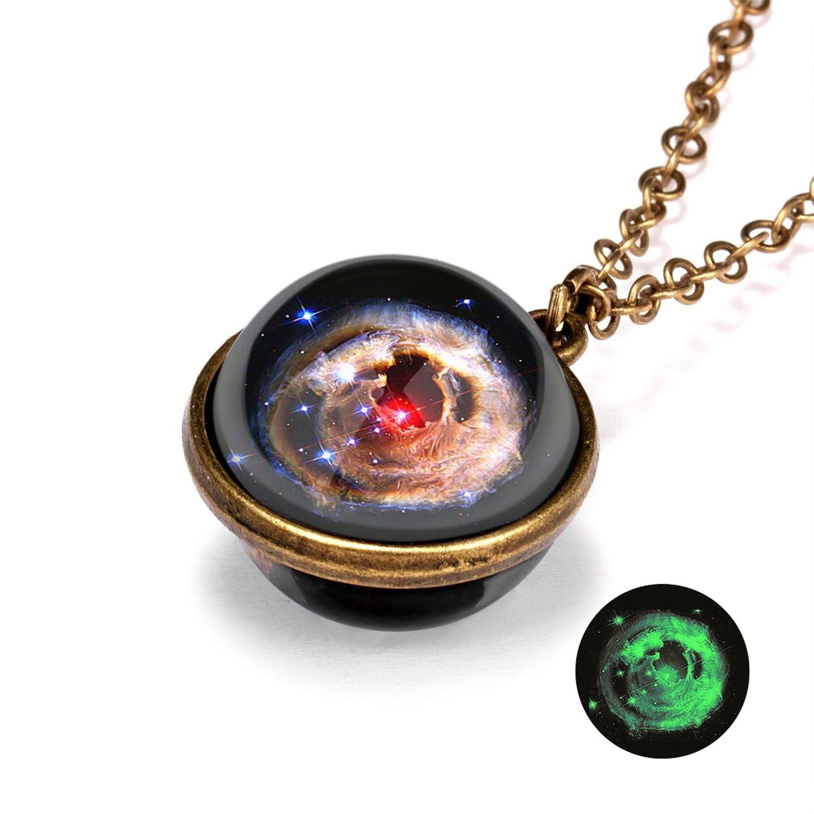 Double-Sided Galaxy Necklace – Glass Dome Pendant with Vintage Chain