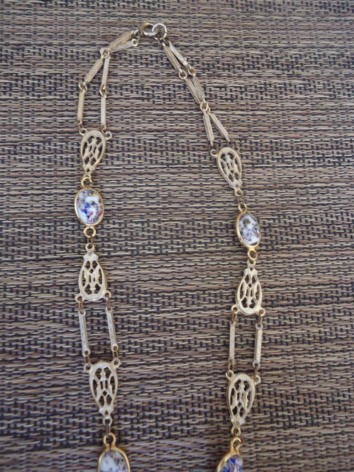 Vintage Art Glass Lavalier Filigree Tassel Necklace, Gold Tone, 22″