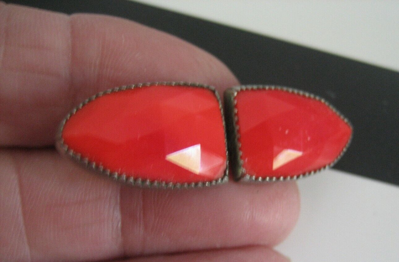 Vtg Antique BAR PIN Brooch Unknown Red Stones Silver Old Jewelry Coral?