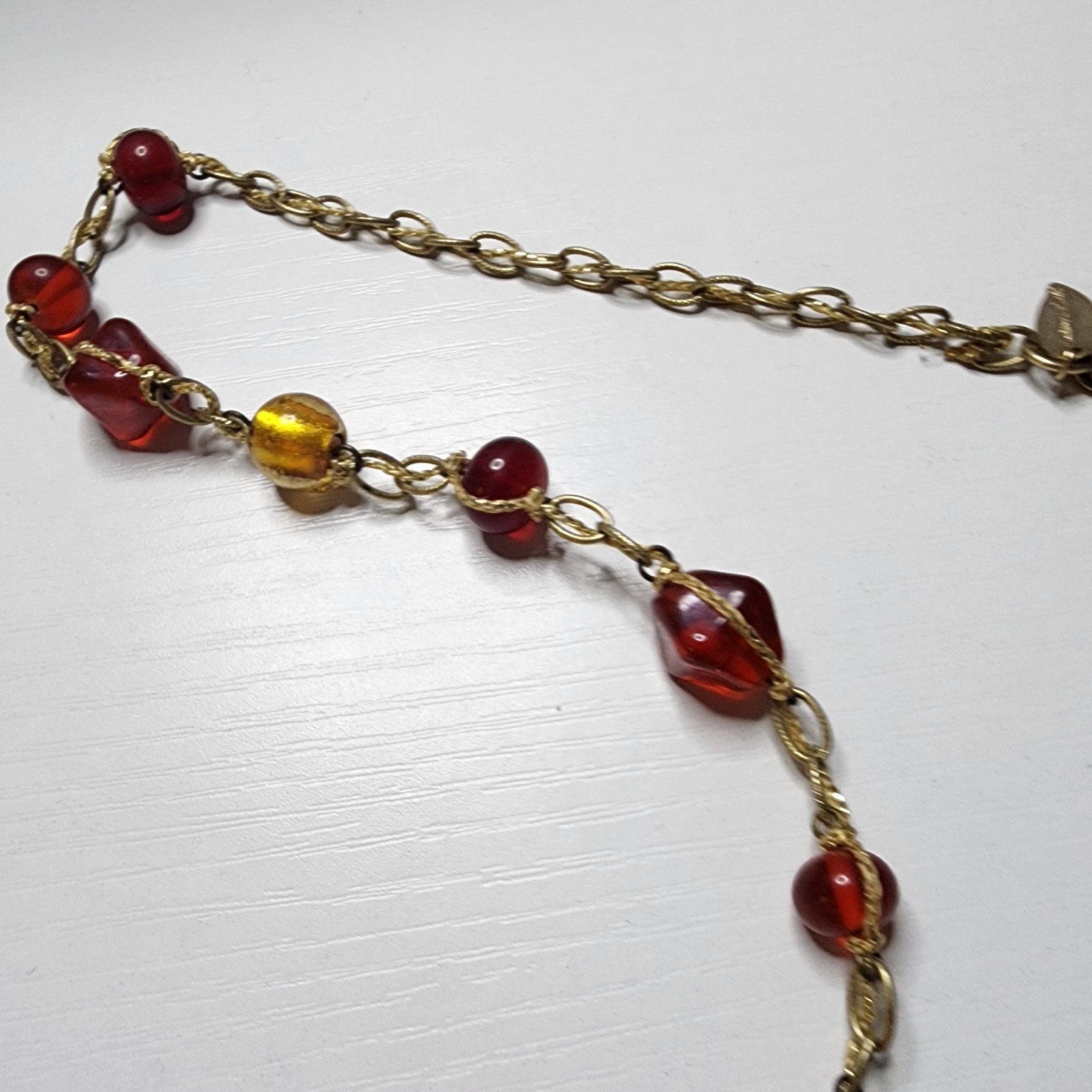 Vintage Coldwater Creek Red Yellow Glass Beaded Necklace Signed Nature Leaf Adj.