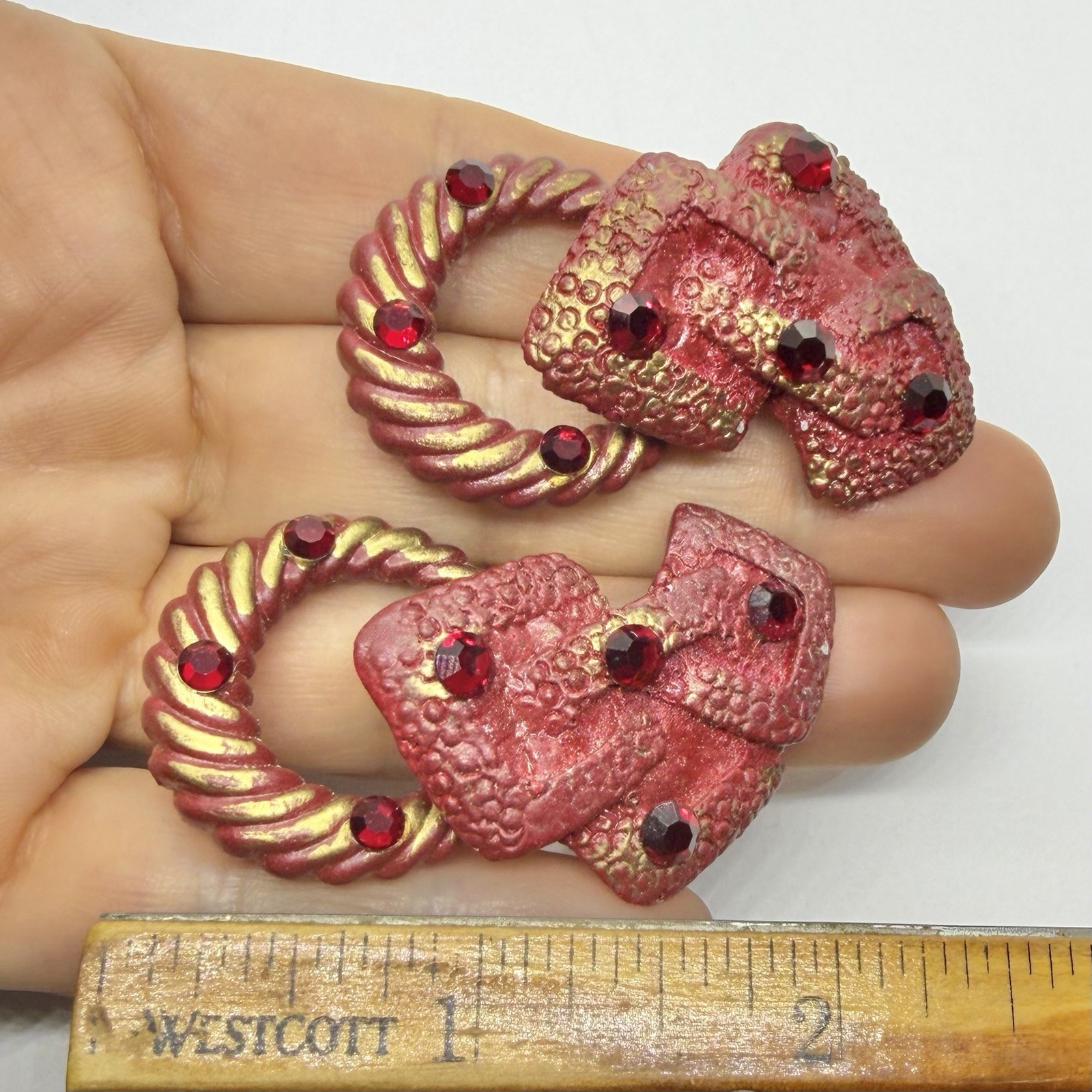 Vtg 80’s Designer Signed Red Gold Lucite Rhinestone Door Knocker Earrings Clip