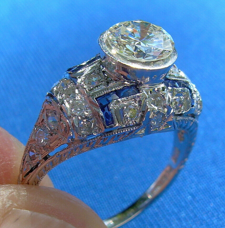 Original EARTH MINED DIAMOND Deco Engagement Ring Platinum Sapphire Solitaire 6