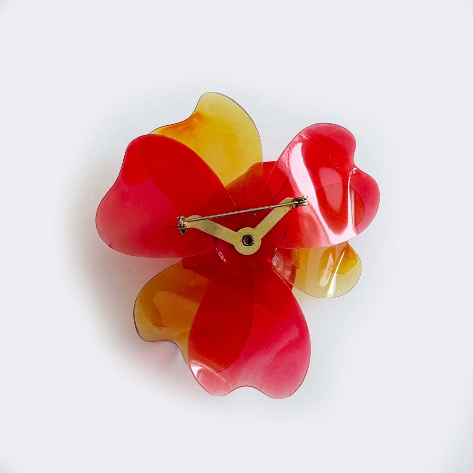 Vintage Huge Cellulose Acetate Flower Brooch Translucent Layered Red Yellow