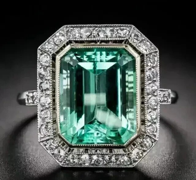 Vintage Art Deco Style 6.10Ct Lab Created Emerald & Diamond Wedding Silver Ring