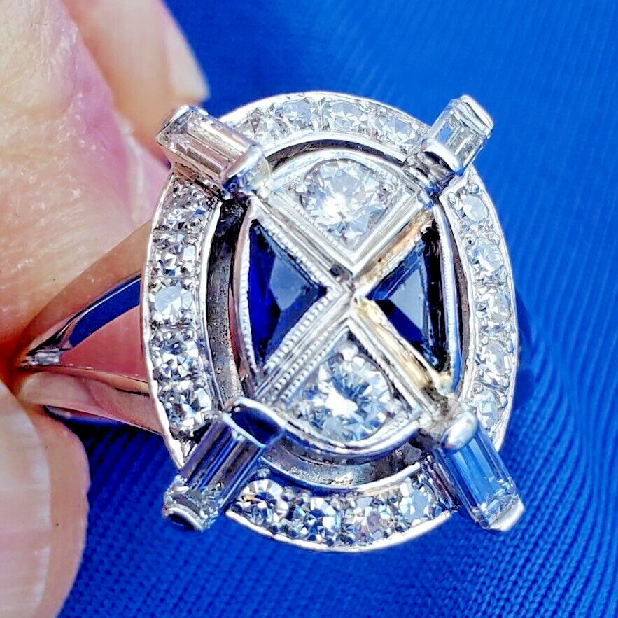 Original EARTH MINED DIAMOND Deco Sapphire Engagement Ring Vintage 18K GOLD