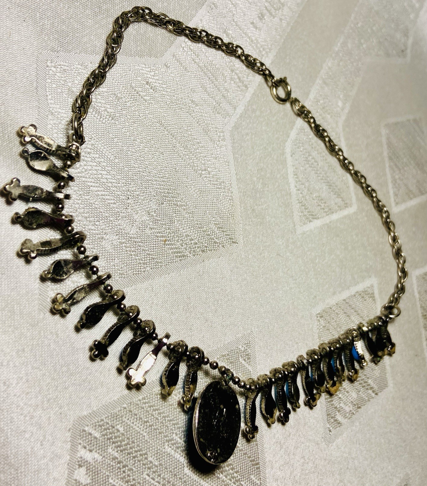 Vintage Turquoise Blue Cabachon Necklace Southwestern Style Fringe Dangle 16”
