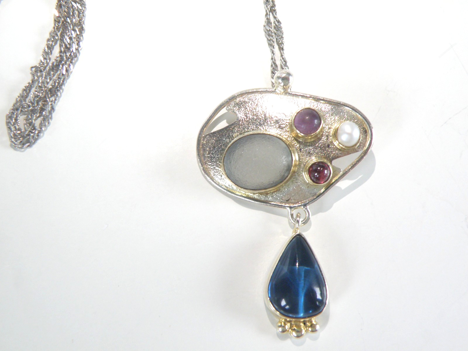 Artisan Sterling Silver 925 Beach Glass Gemstone Modernist Pendant Necklace 18.5