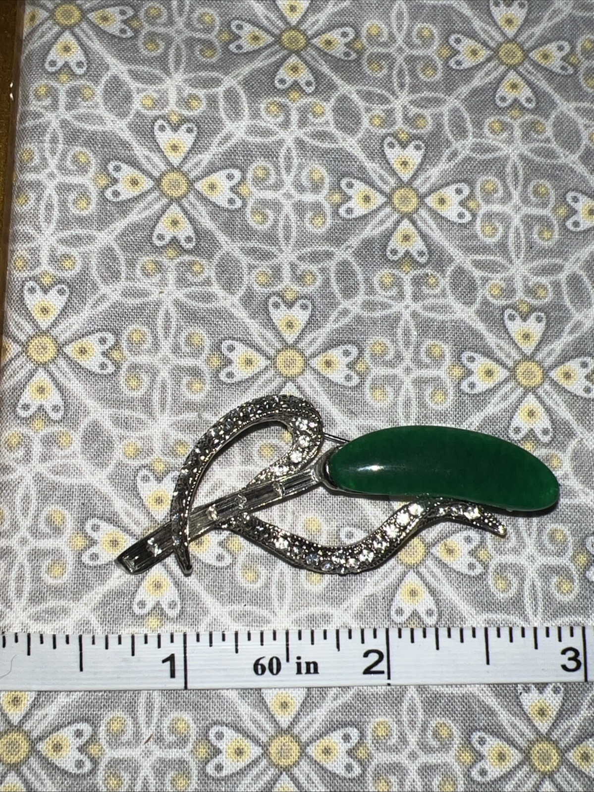 Vintage Silver Tone Jade Color Stone Floral Design
