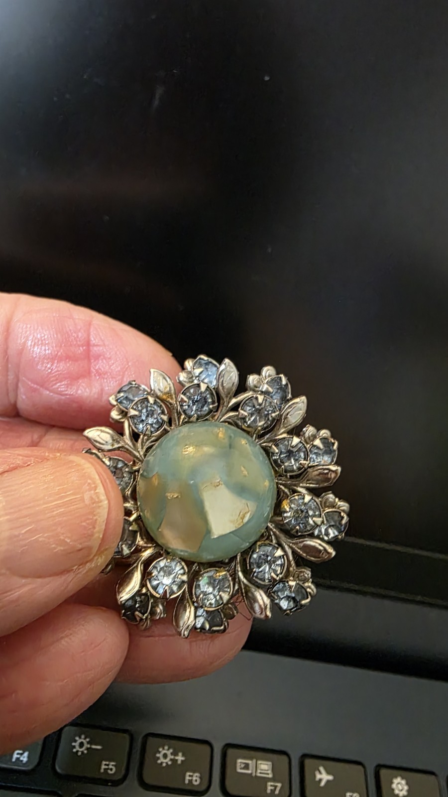 Vintage Cabochon Brooch Pin Earring Set Blue Green Artsy Stone Rhinestones