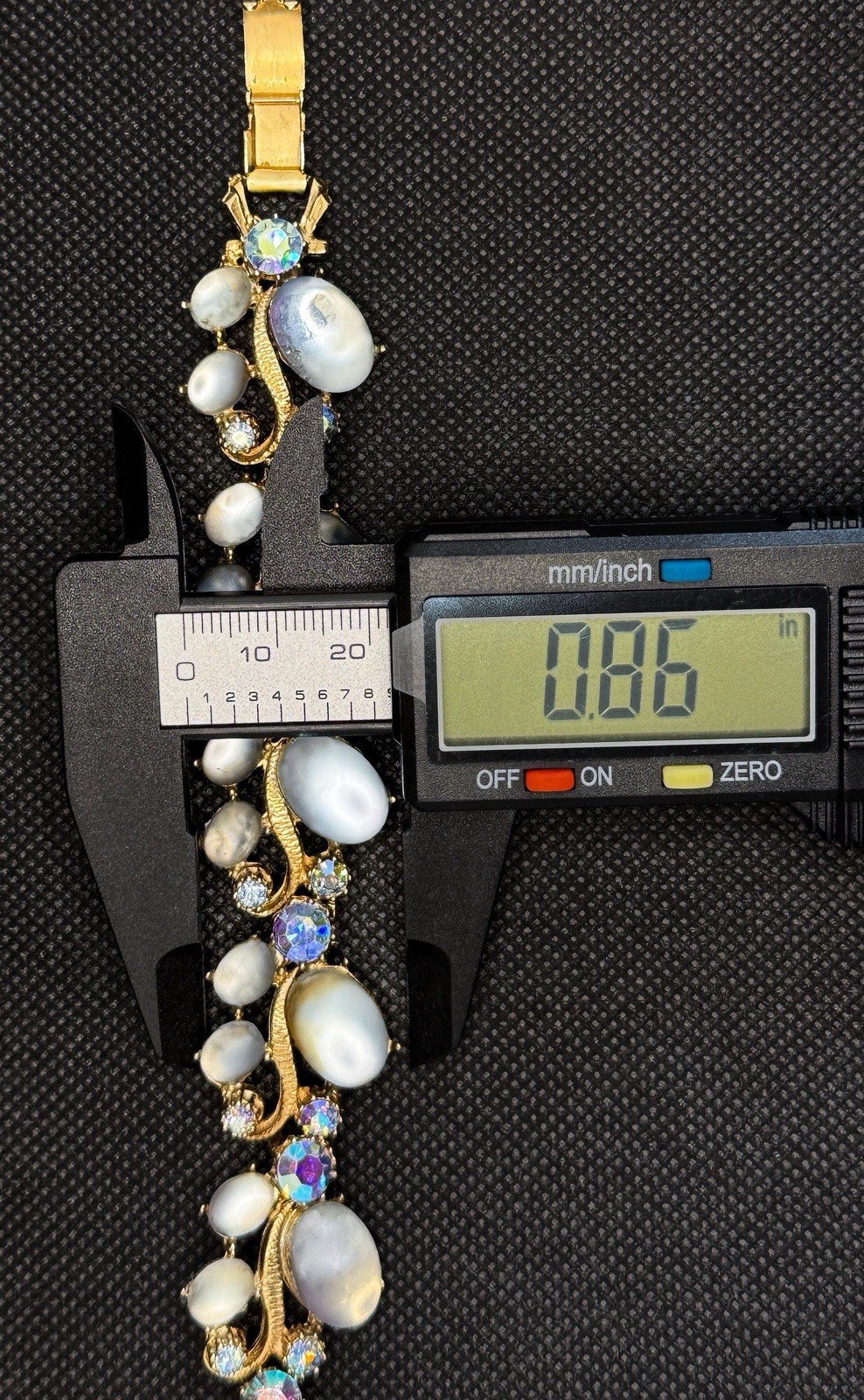 Vintage Blue Moonstone Cabochon Bracelet AB Rhinestones Gold Tone Mid Century
