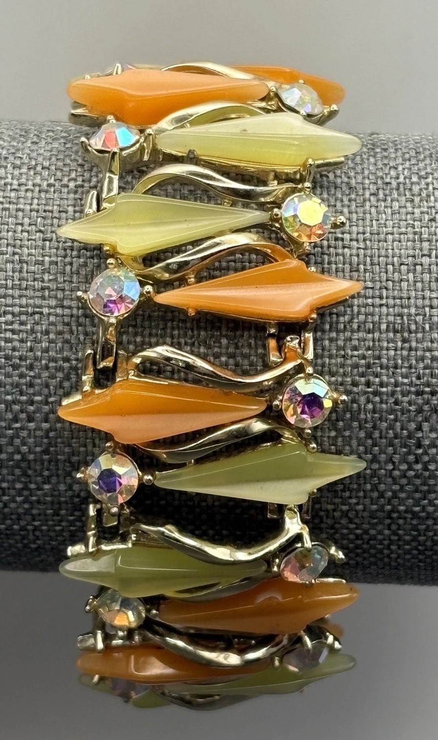 VTG Thermoset Green Orange Leaf Mod Bracelet Aurora Borealis AB Rhinestone
