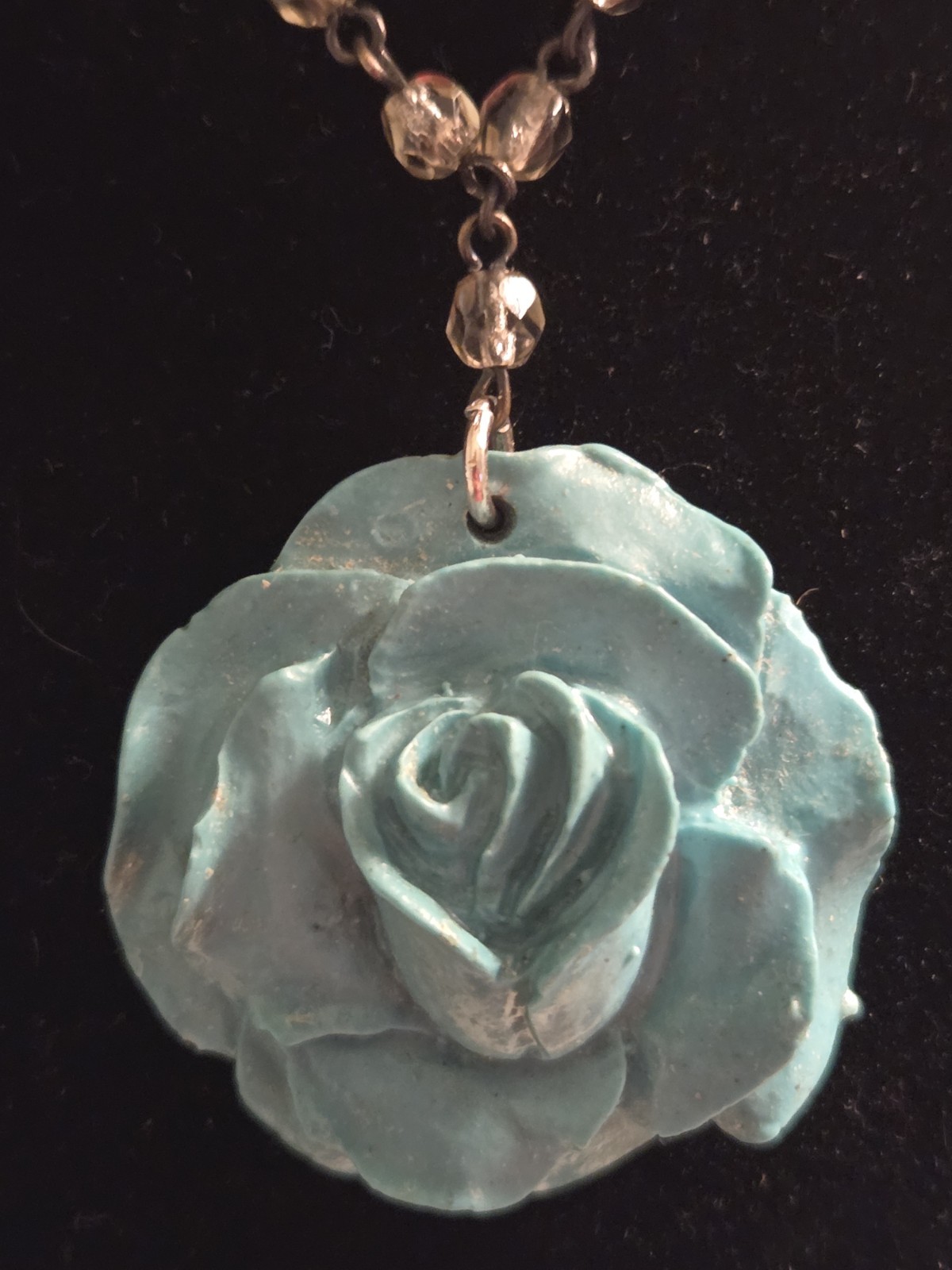 Vintage Enamel Turquoise Rose On Gray Beaded Necklace
