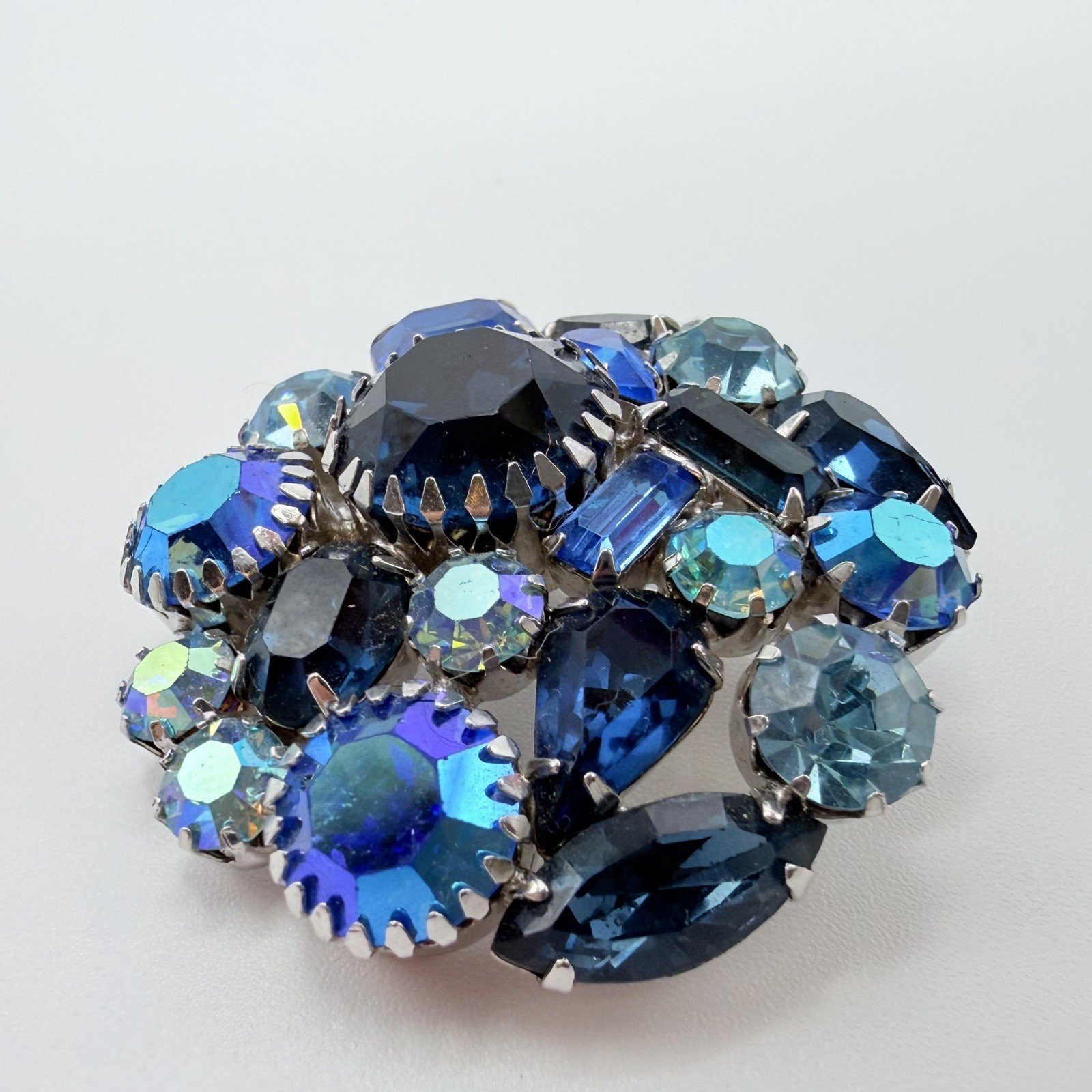 Signed Weiss Blue Aurora Borealis Rhinestones Brooch Pin Embellished Prong Set