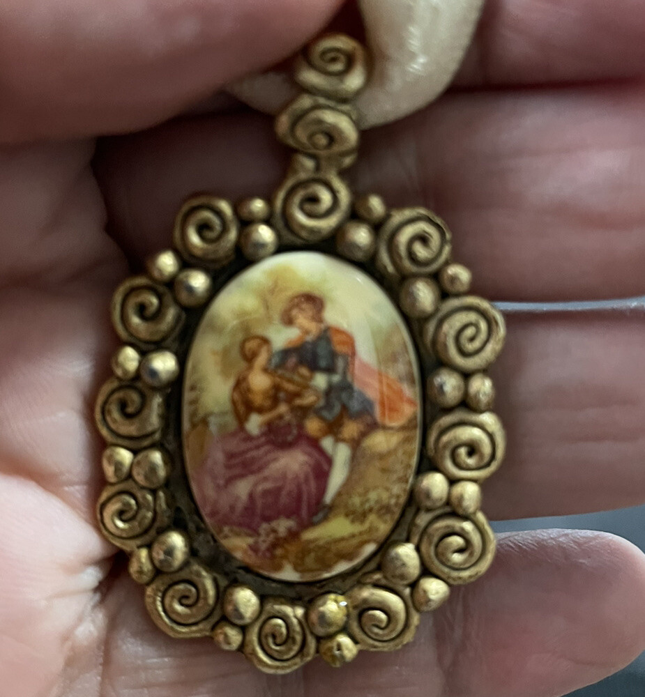 Vtg Chocker Hand Painted Victorian Lovers Porcelain Pendant EH Eivind Hillestad