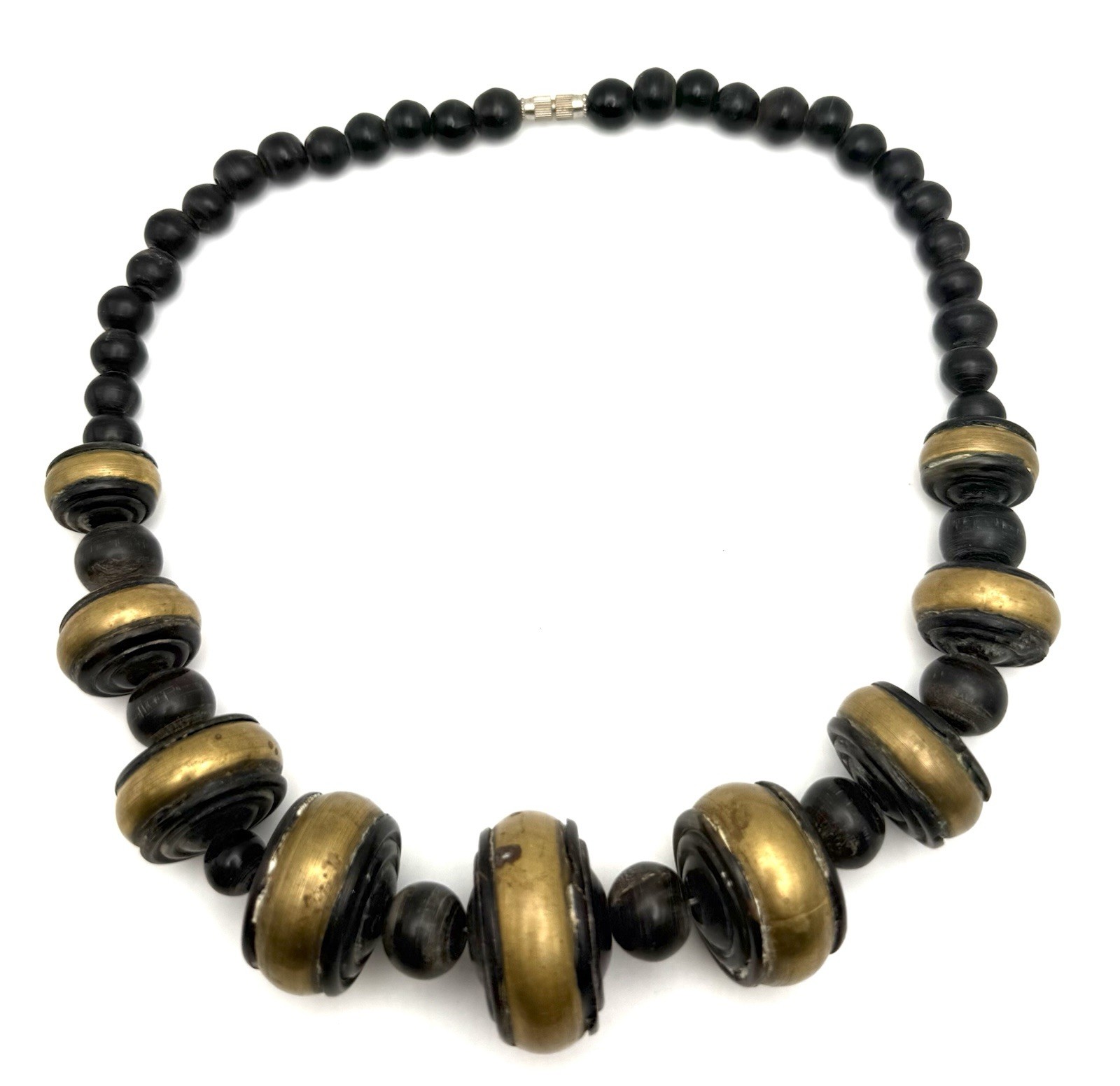 Bone & Brass Necklace Chunky Bold Beaded Vintage Boho Tribal 21” Black & Gold