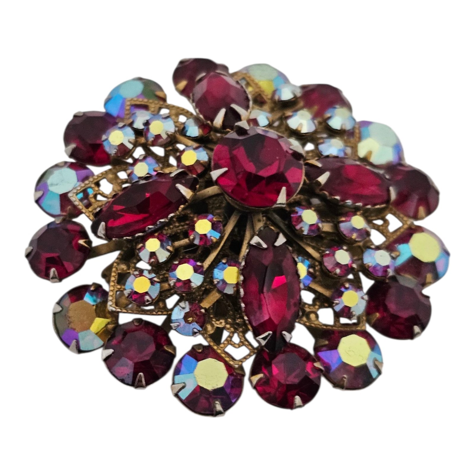 Vintage Red Irredescent Rhinestone Crystal Brooch Large MCM