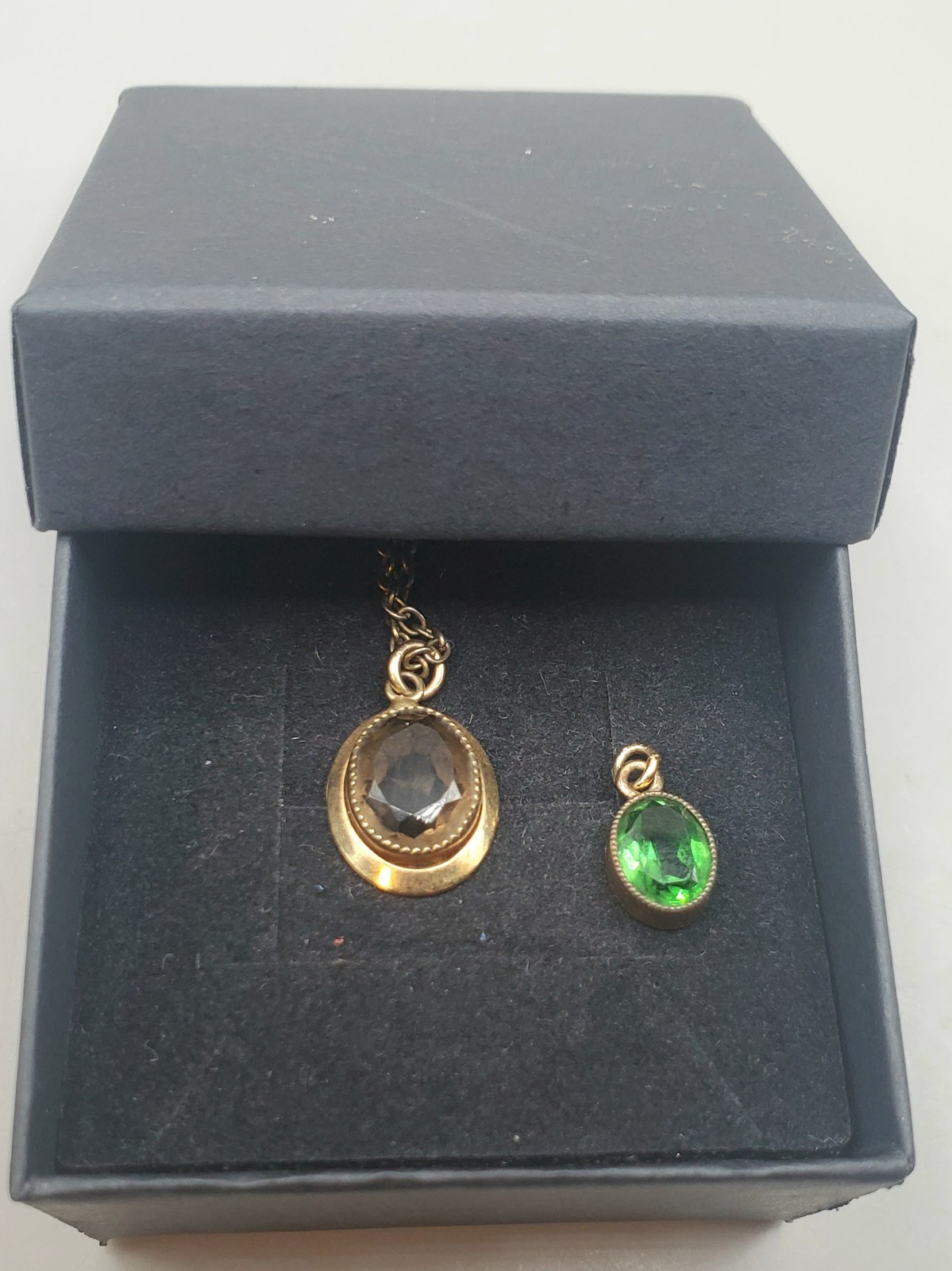 Vtg Estate Pendants: Smokey Quartz TESTED Gemstone W/Chain, Small Green Glass