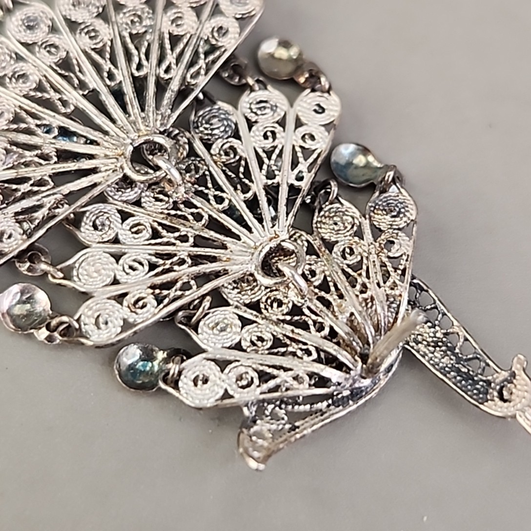 Vintage Sterling Silver Peacock Earrings Cannetille Filigree Articulated Dangles