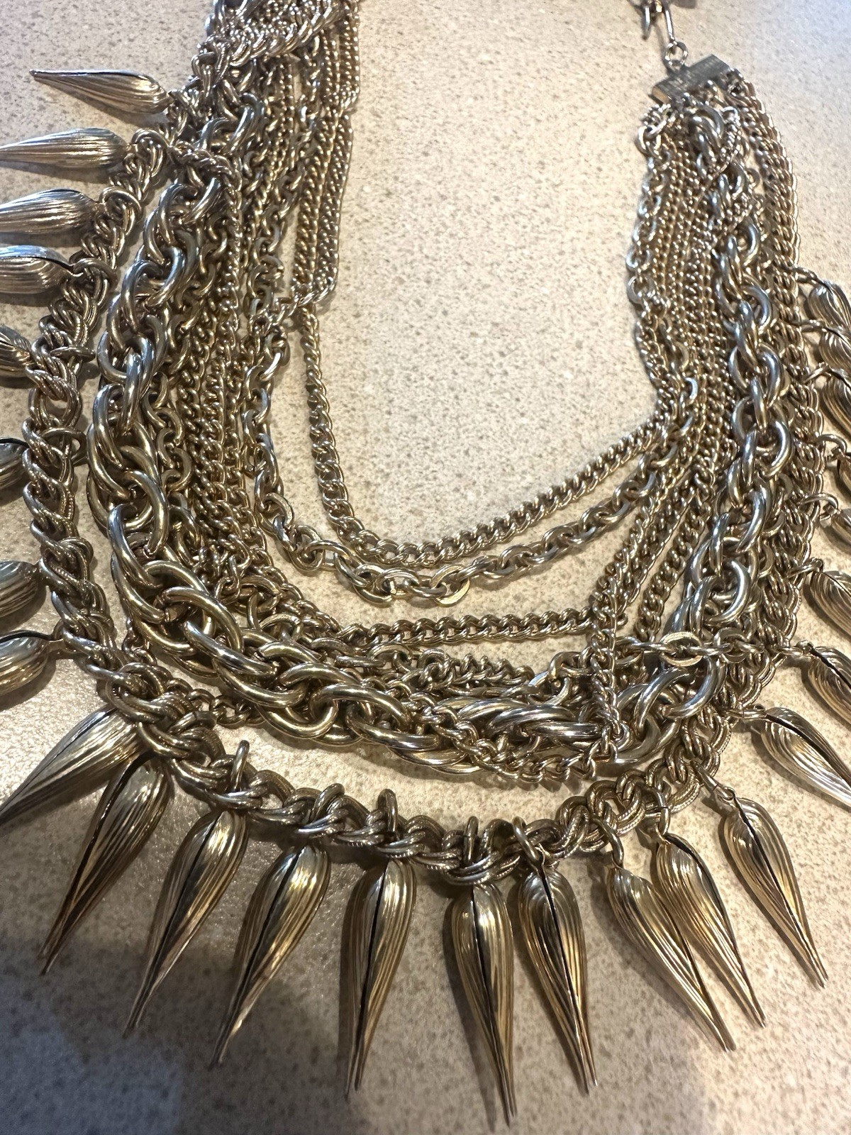 Vtg Multi-Chain Spike Rivet Chunky Choker Bib Statement Necklace Antique GoldTon