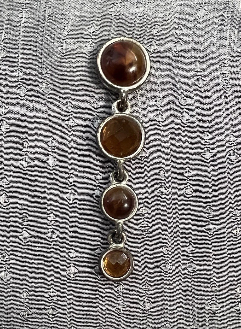 Vintage Silver Tone Dangle Drop Earrings l Round Brown Stones l 2in l 4 Gems