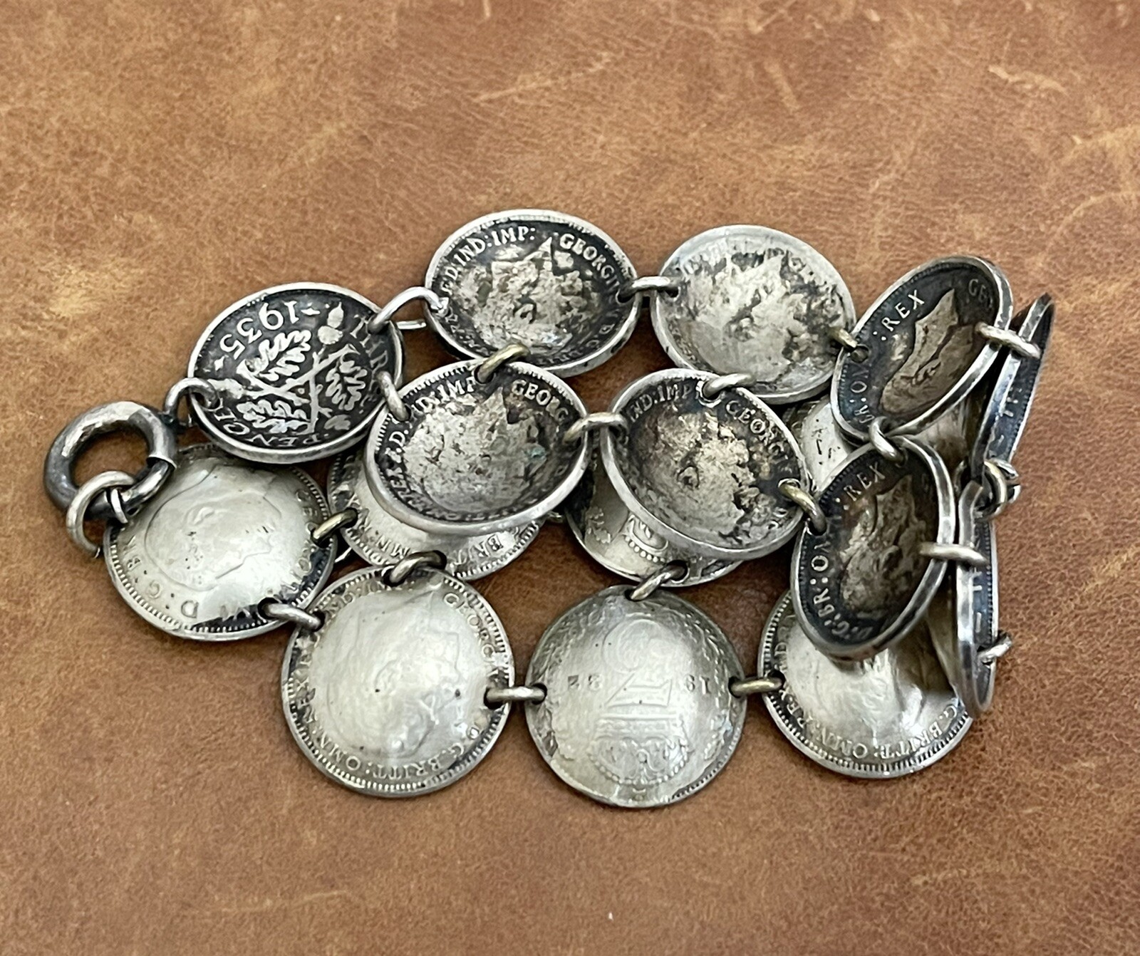 Old Great Britain Three pence .925 Sterling Coins Cupped Link Bracelet 6.25” In