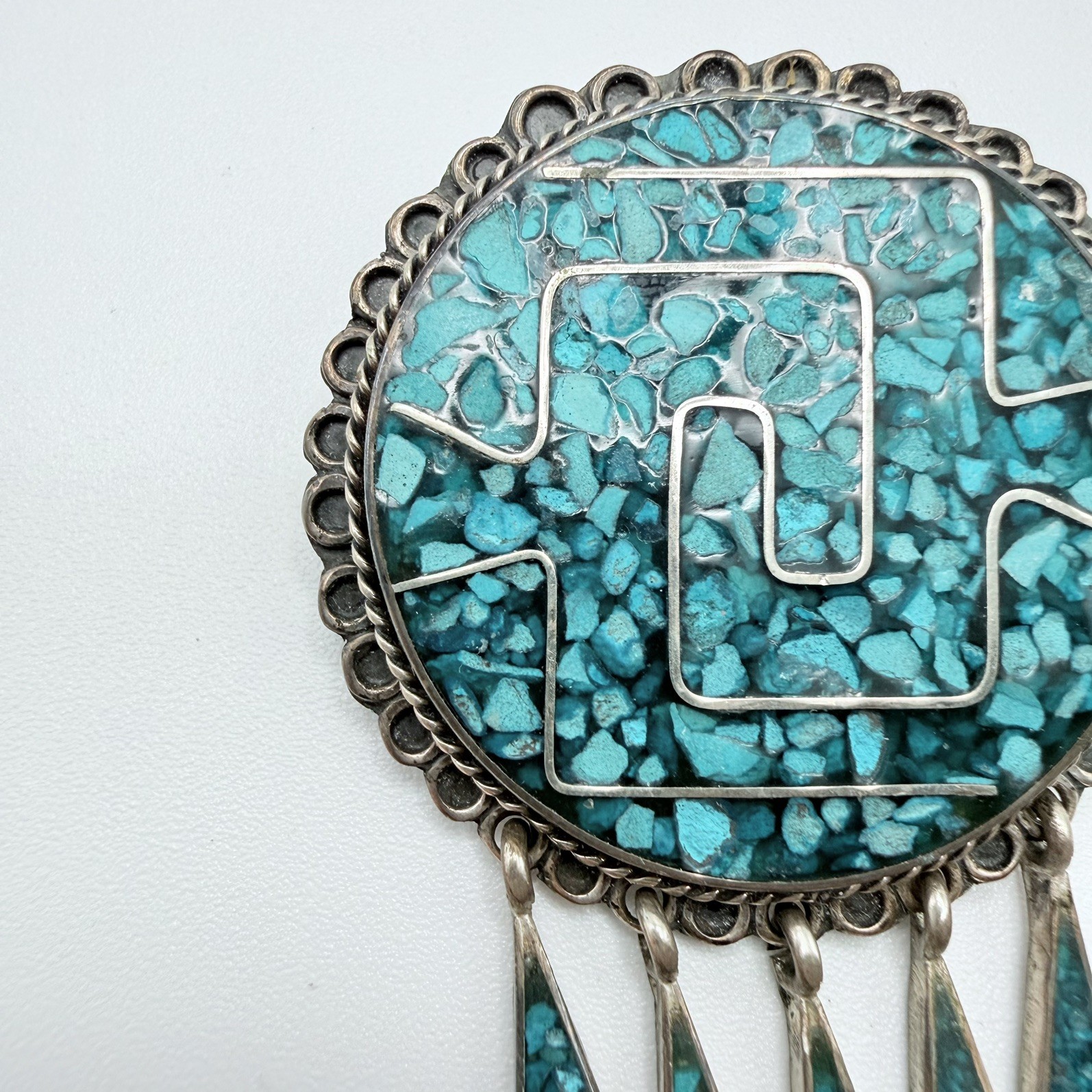 Vintage Southwest Turquoise 5 Teardrop .925 Silver Pendant Brooch Taxco Mexico