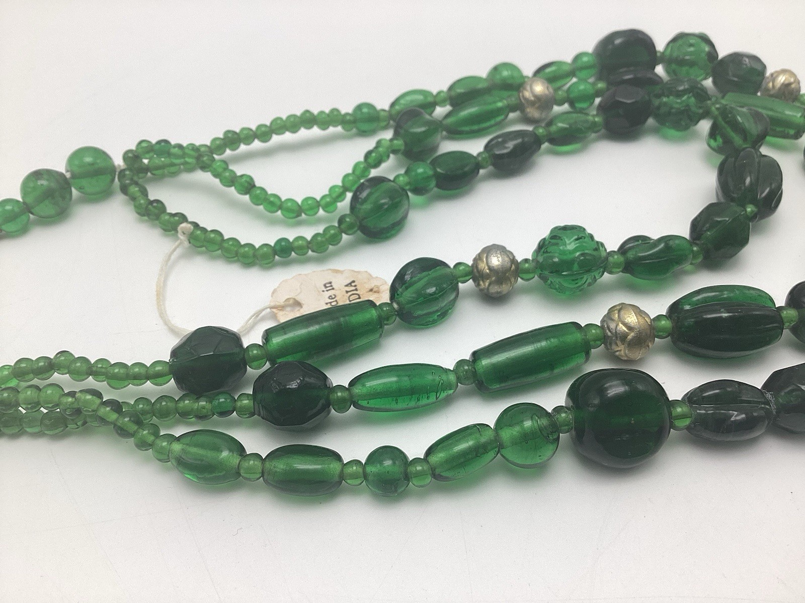 Vintage Emerald Green Glass Beaded Multi 3 Strand Necklace Made In India 19”