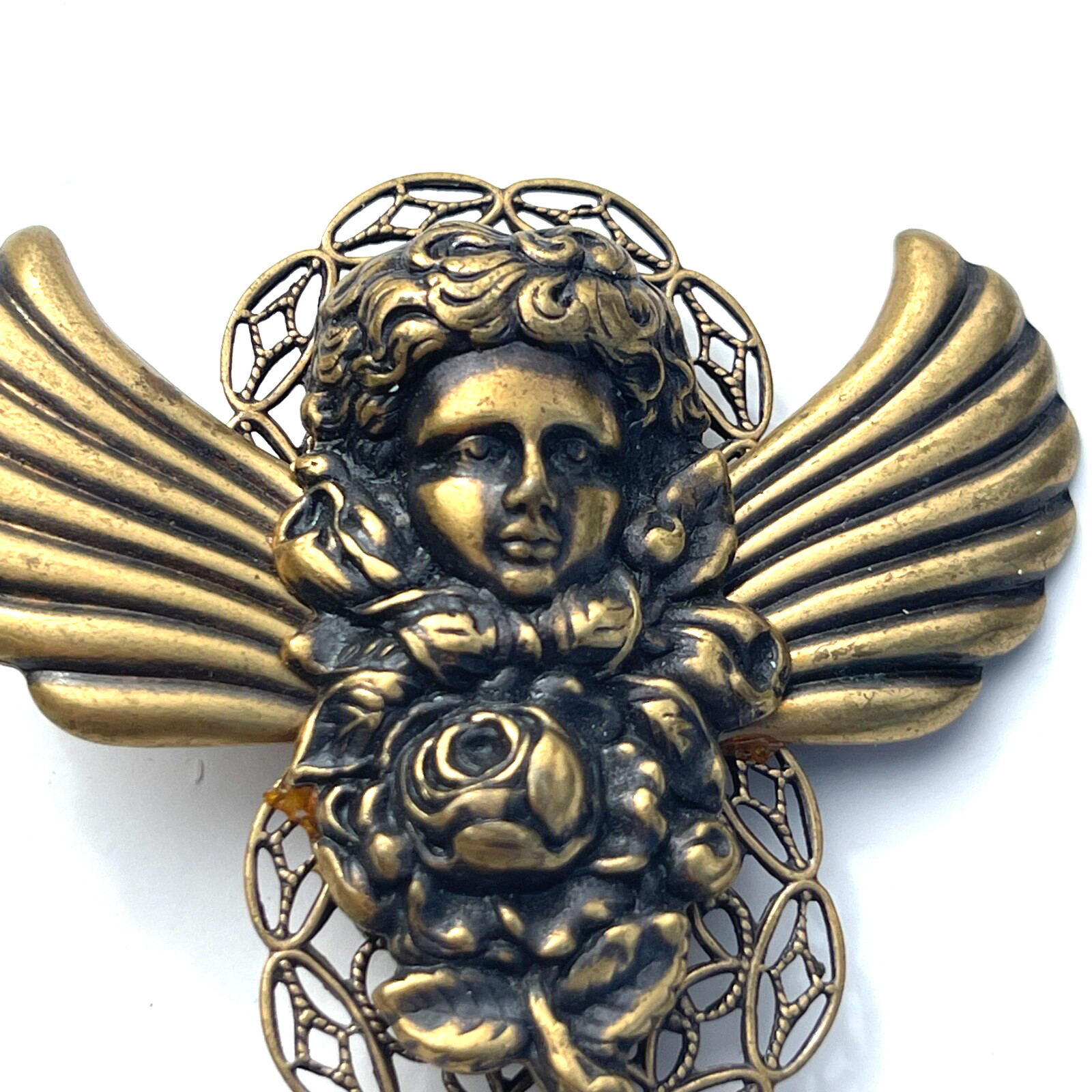 VTG Christmas Angel Brooch Rose Filigree Wings Cabochon Antique Gold Tone Pin