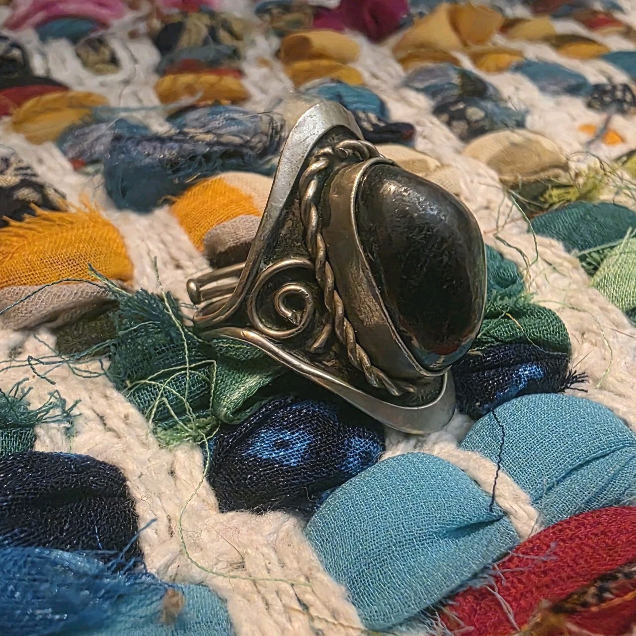 Large Vintage Silver Plated Hematite Dark Metallic Black Stone Adjustable Ring