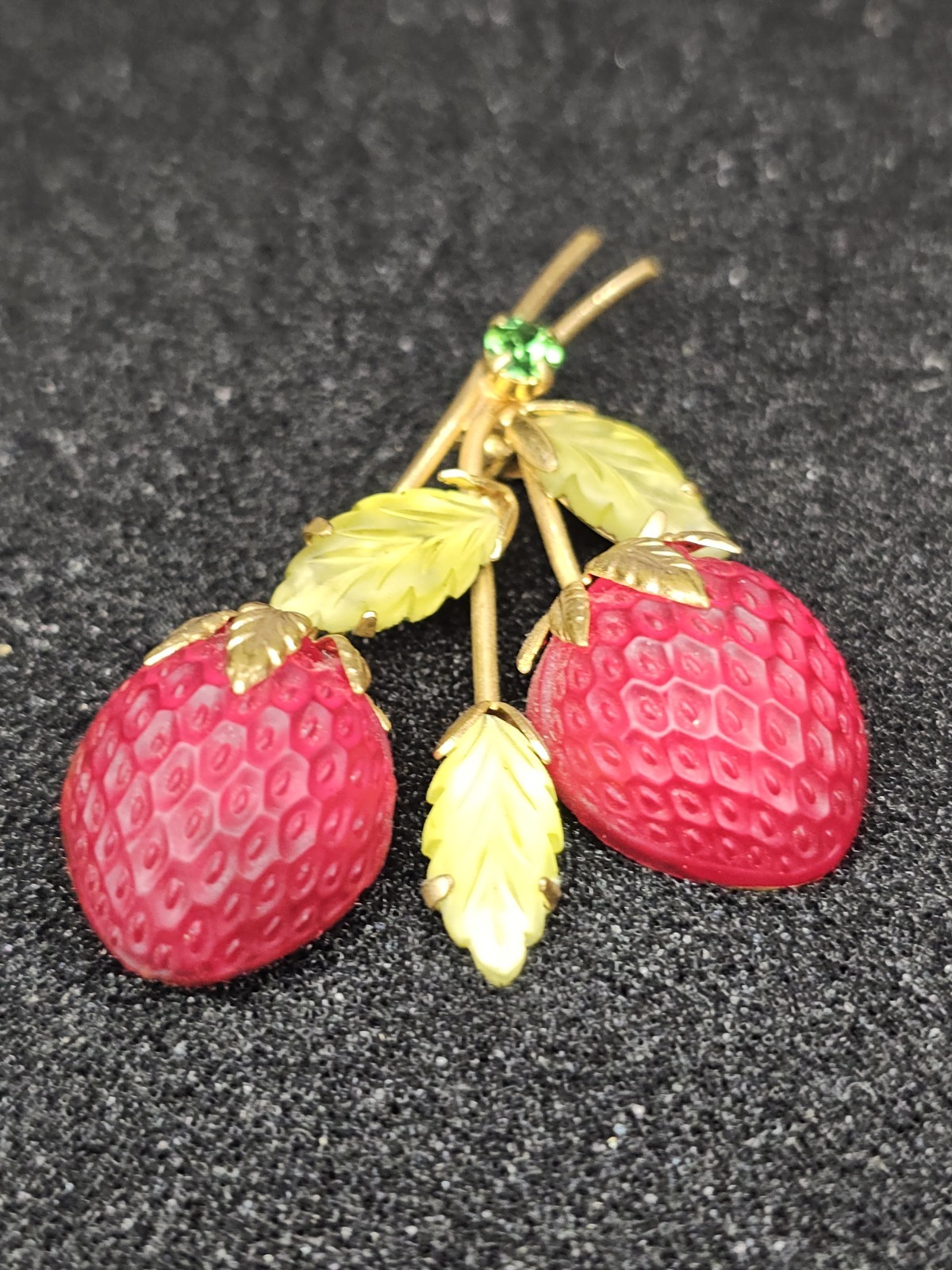 Vintage Austria Strawberry Brooch Frosted Red Glass Fruit Rhinestone Pin