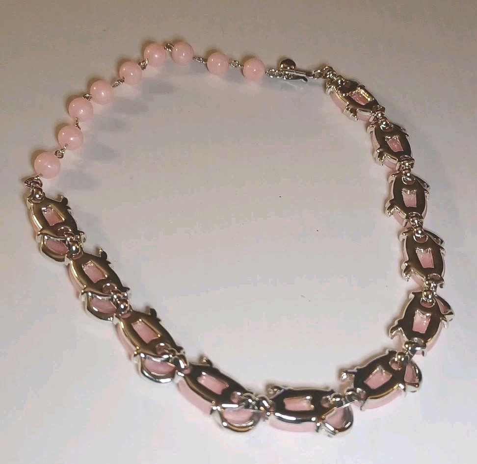 Vintage Kramer Necklace Earrings Signed Pink Thermoset Wit Rhinestone Silvertone