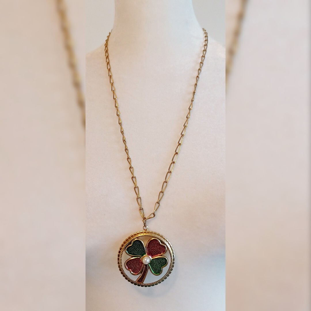 Retro Midcentury Gold Tone Vintage Shamrock Lucky 4 Leaf Clover Pendant Necklace