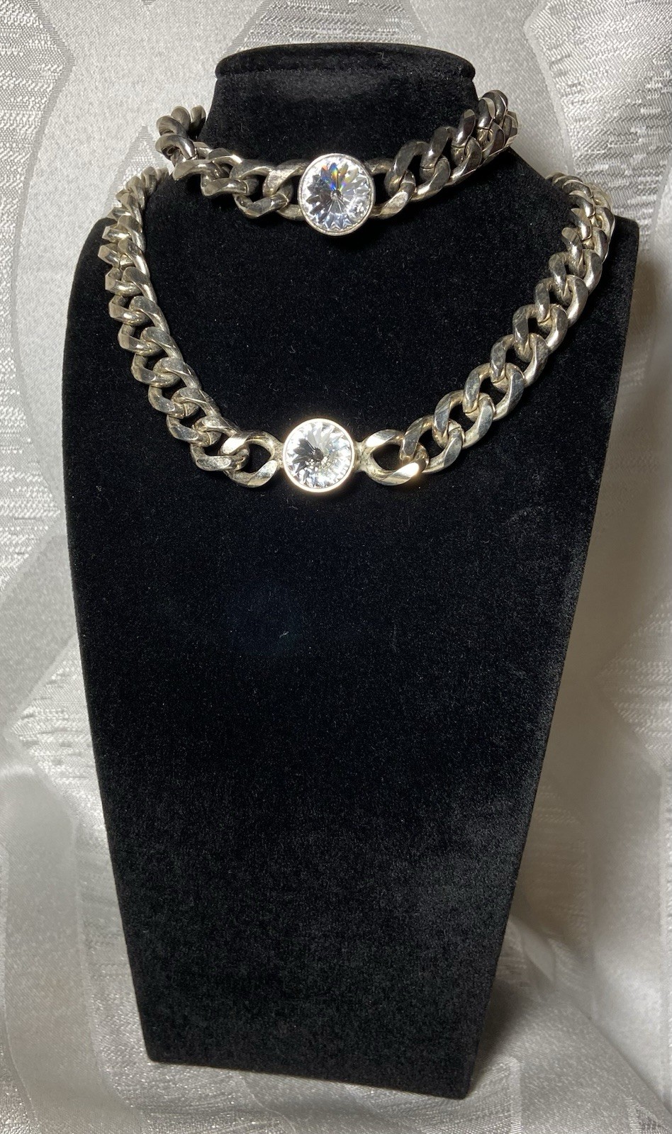 Vintage Curb Link Chain W/Crystal Center Stone Statment Necklace & Bracelet Set