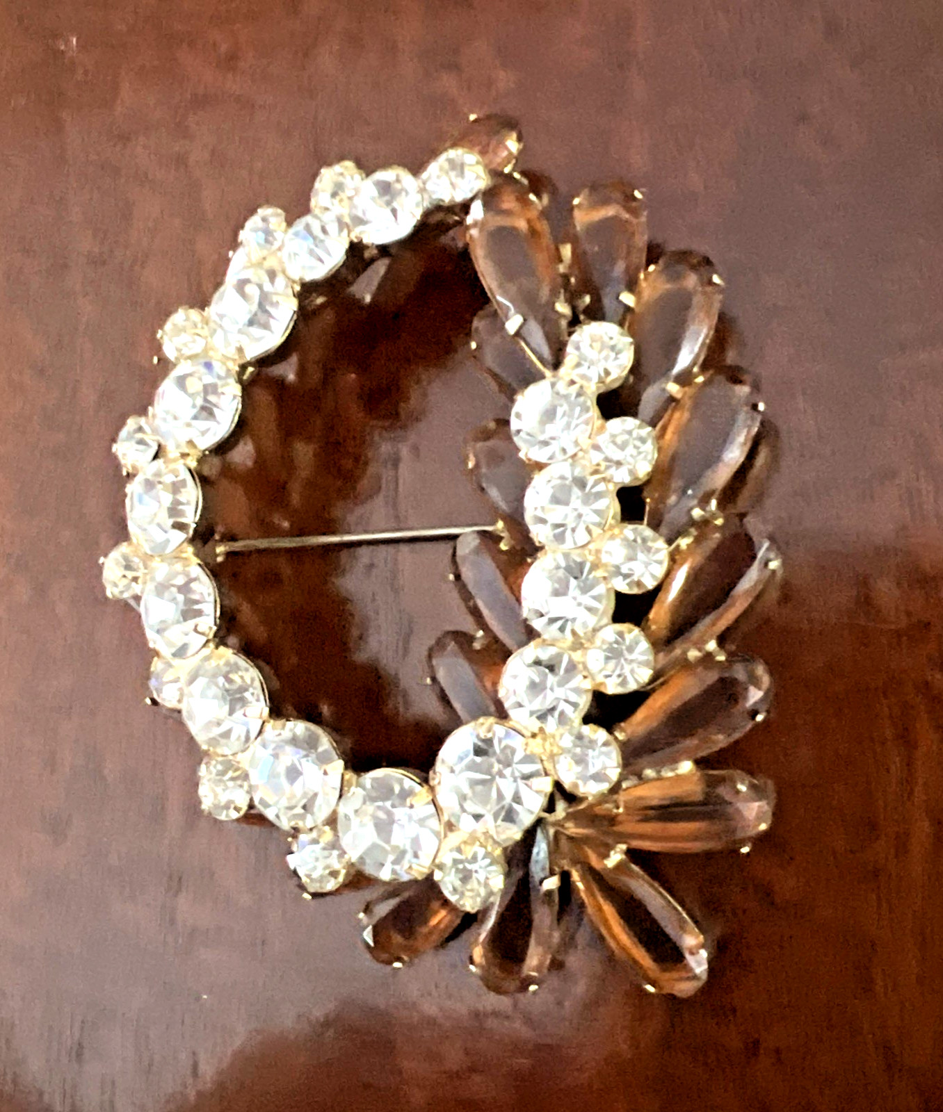 VTG. JULIANA DELIZZA & ELSTER AMBER & CLEAR RHINESTONE BROOCH LARGE 3″
