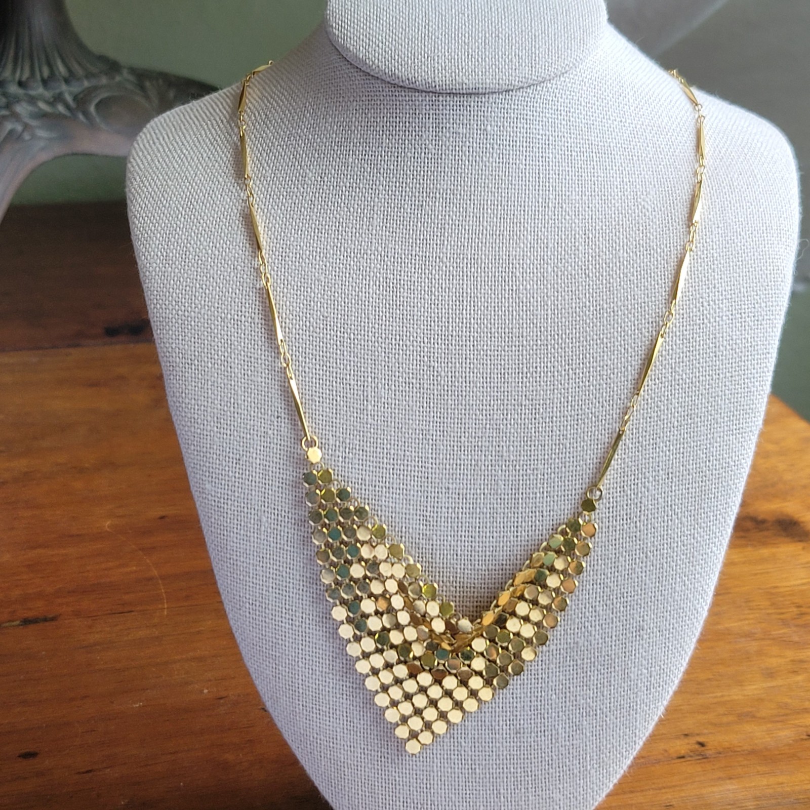 Vintage Gold Mesh Bib Necklace w Dainty Chain 1970s Disco Style