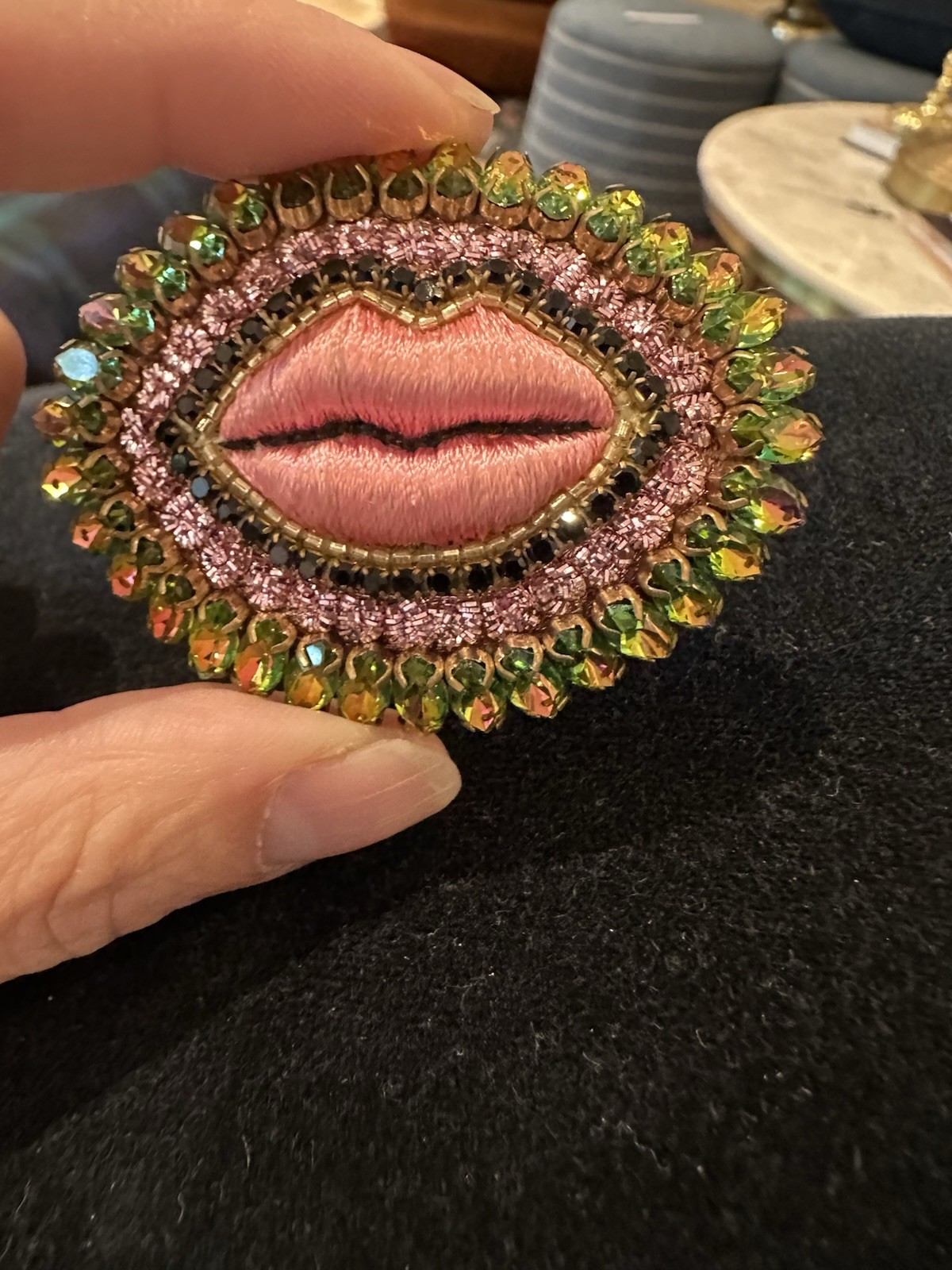 Celeste Mogador/ Bisou Vole/Stolen kiss brooch/French pin/Silk hand embroidered