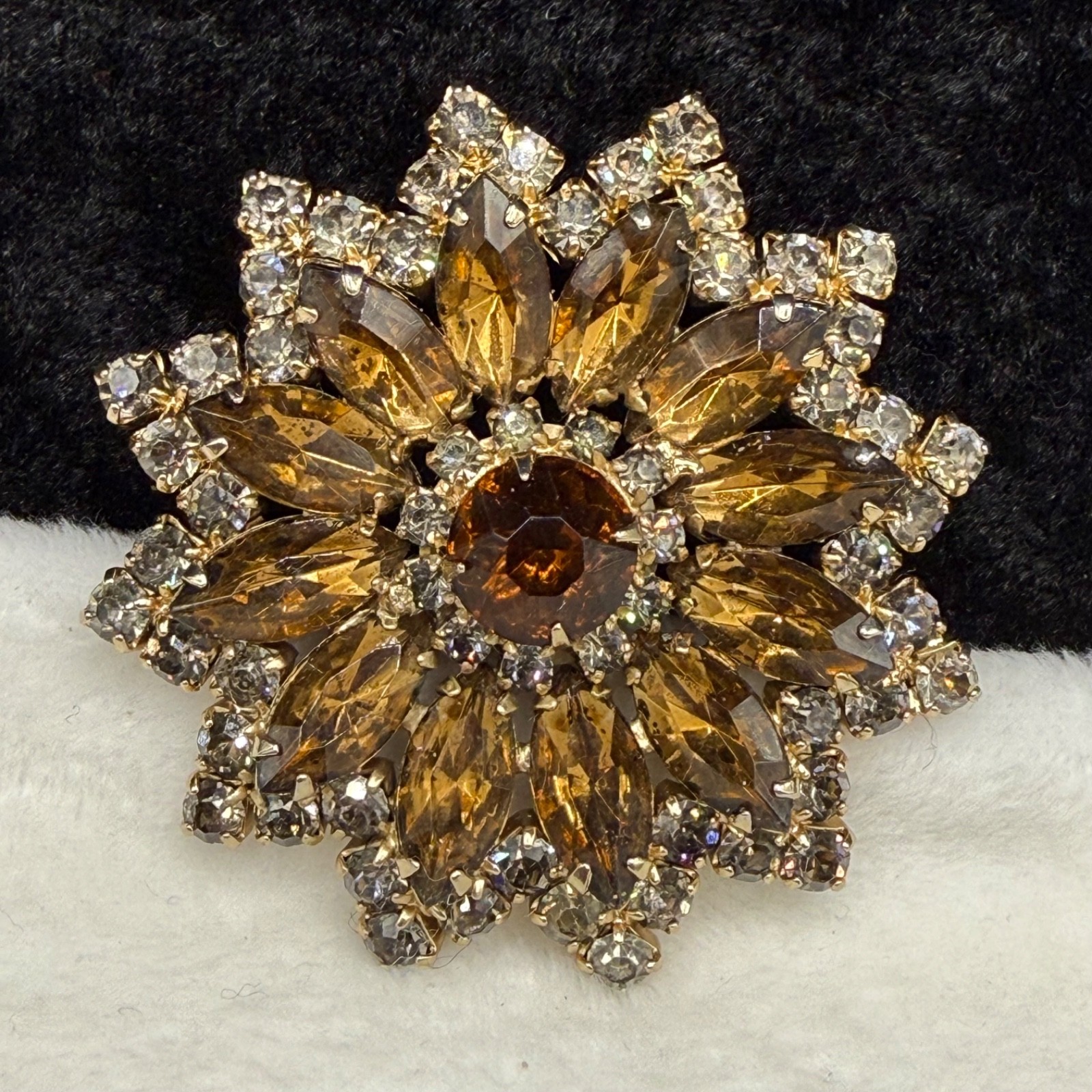 Vintage Rhinestone Brooch Orange Gold Tone Browns Lots of Sparkle