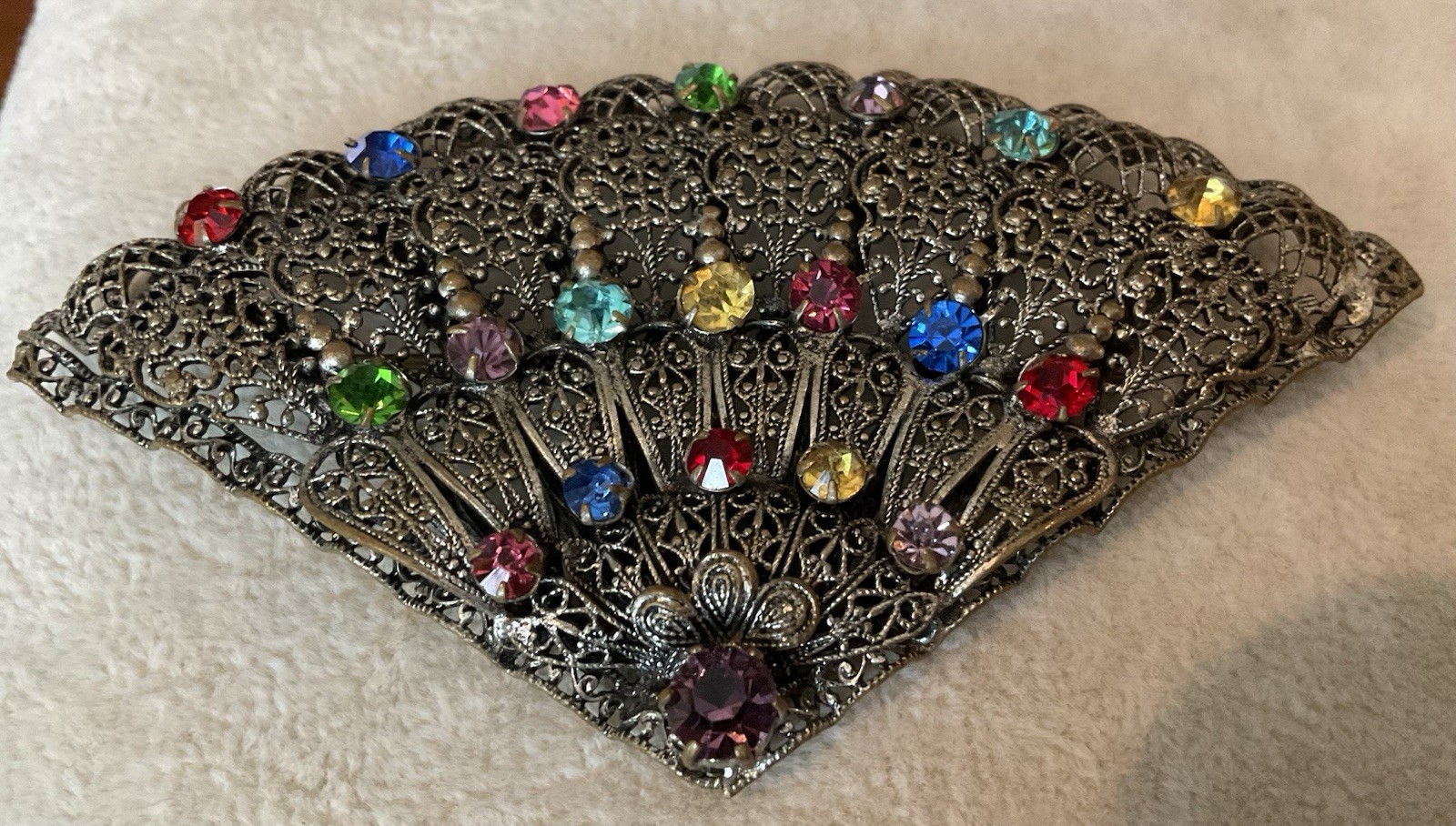 Vintage Czech Fan Brooch Huge 3 3/4” Wide 2” Long Multi Color Stones