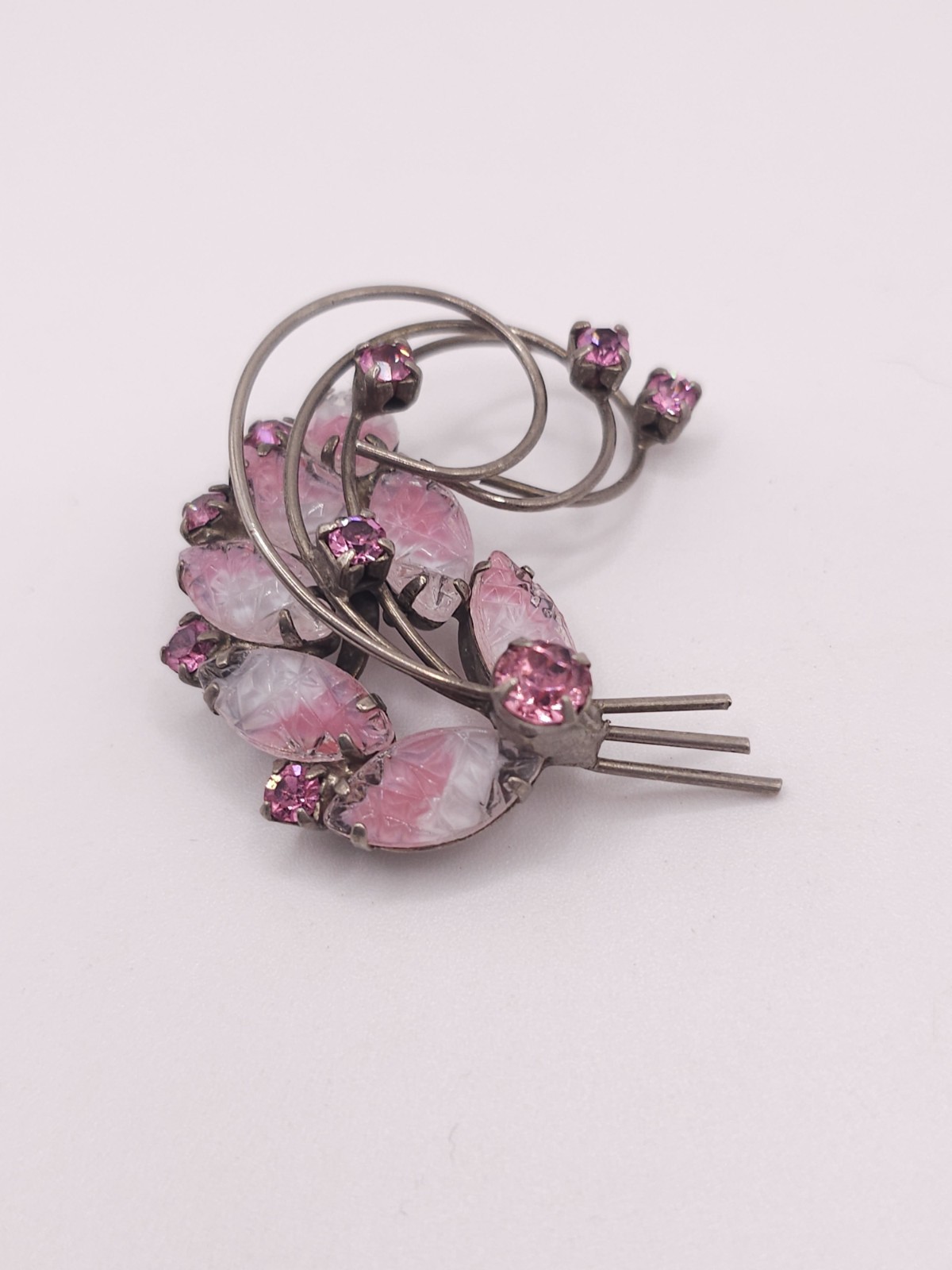 VTG Pink Givre Molded Glass Rhinestone Brooch Spray Silver Tone