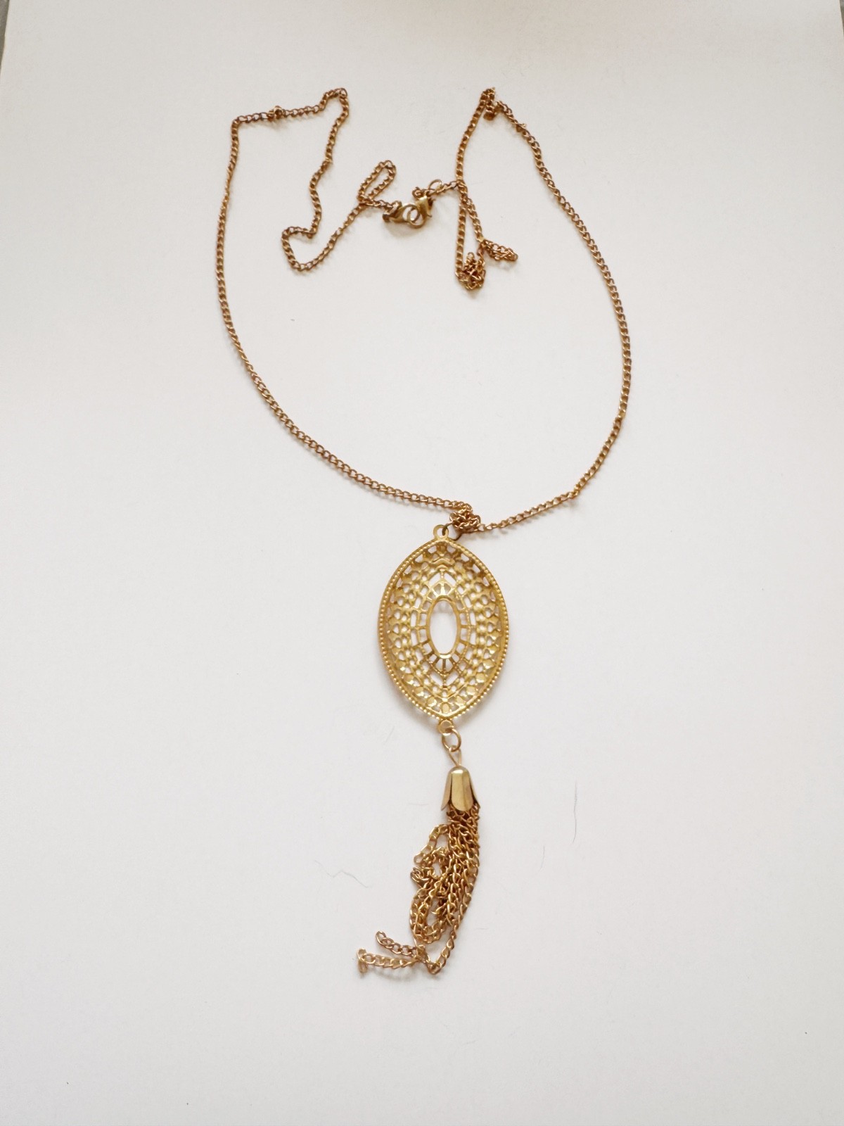 Vintage Gold Tone Filigree Tassel Pendant Necklace 34” Long Boho Statement