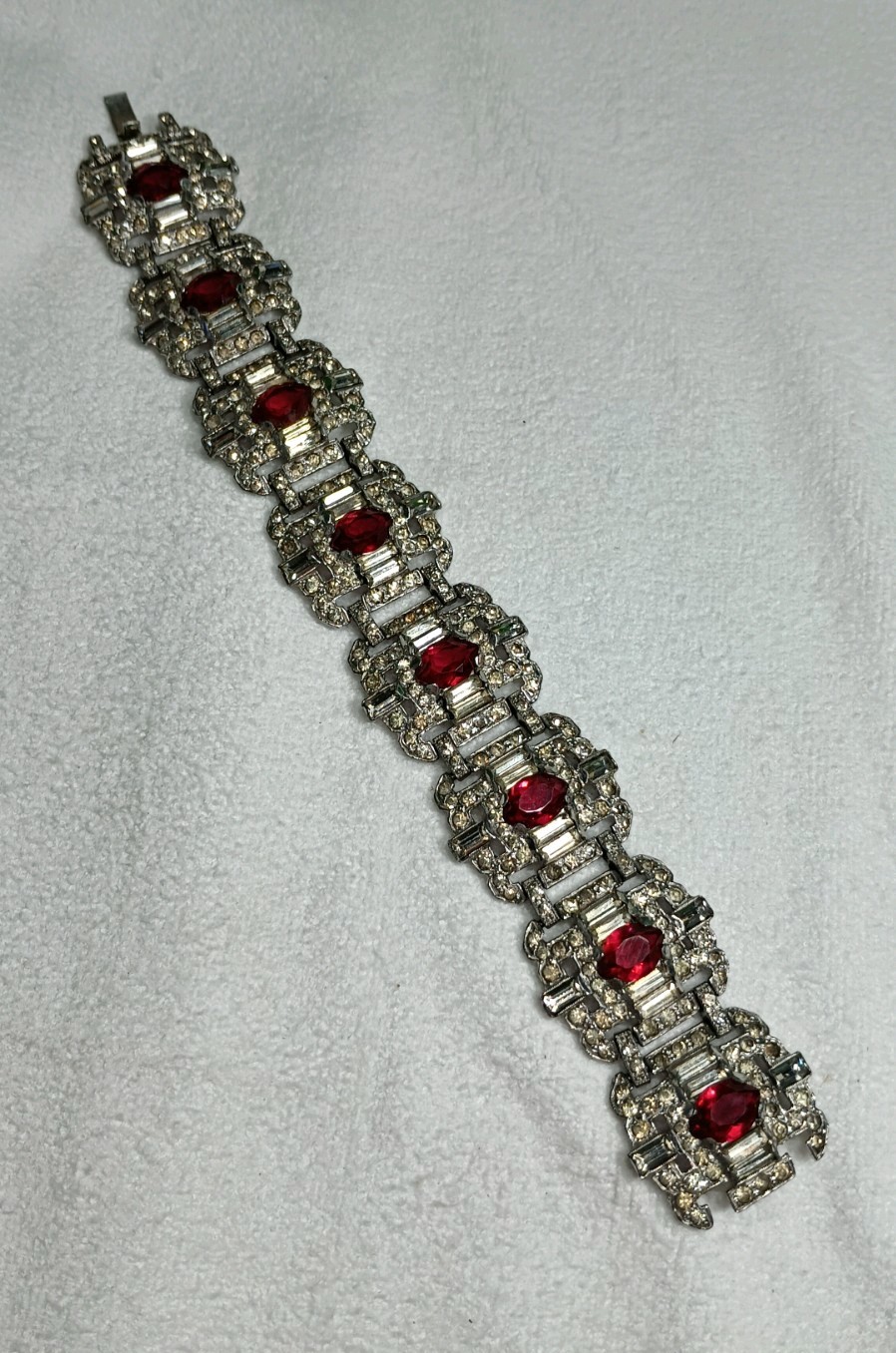 Art Deco Trifari Unsigned KTF Silver Tone Clear And Ruby Red Panel Bracelet 7 In