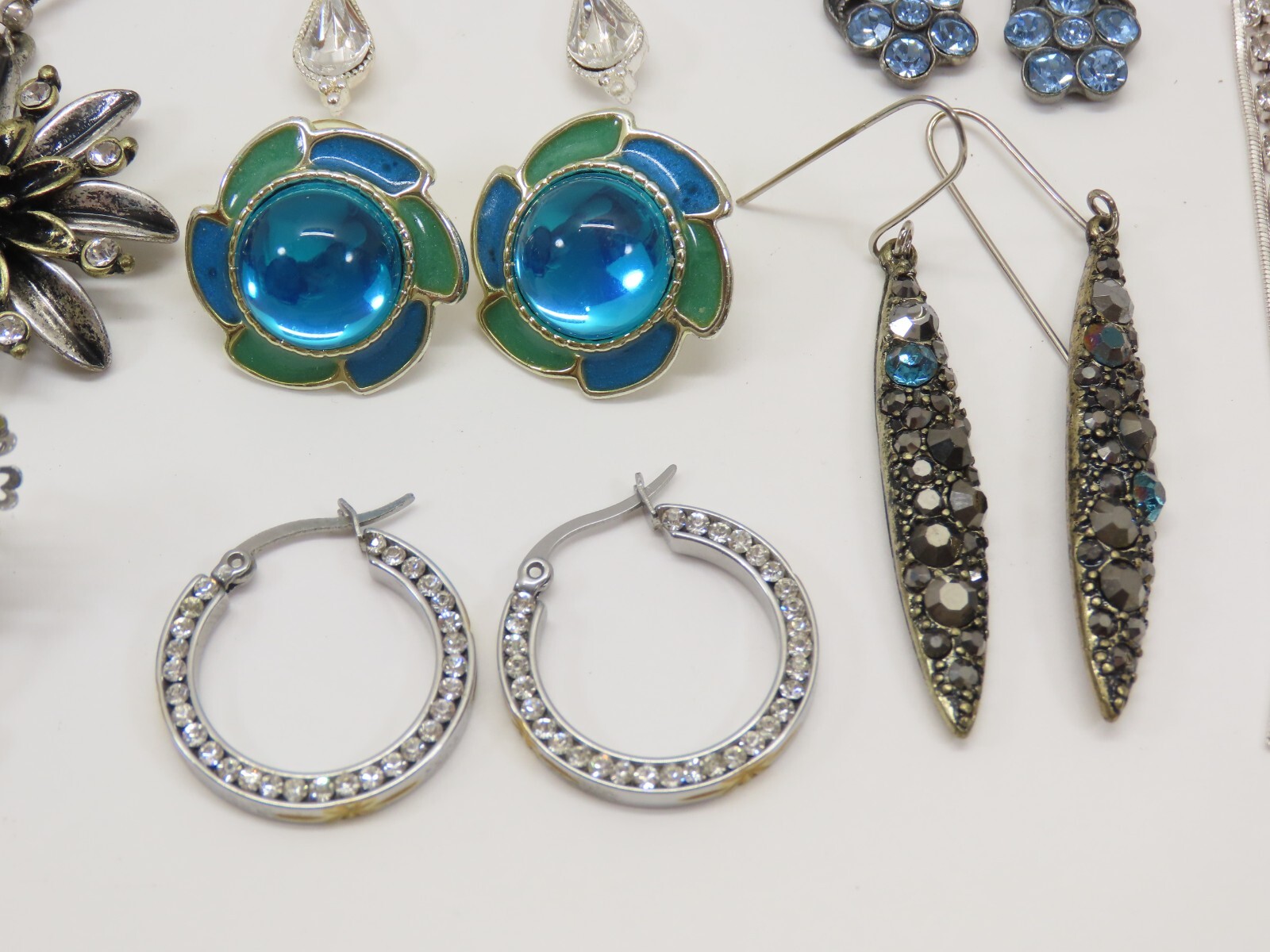 VTG Dangle Earrings Lot Pierced 1 Clip Silver Tone Blue Clear Rhinestones D2115