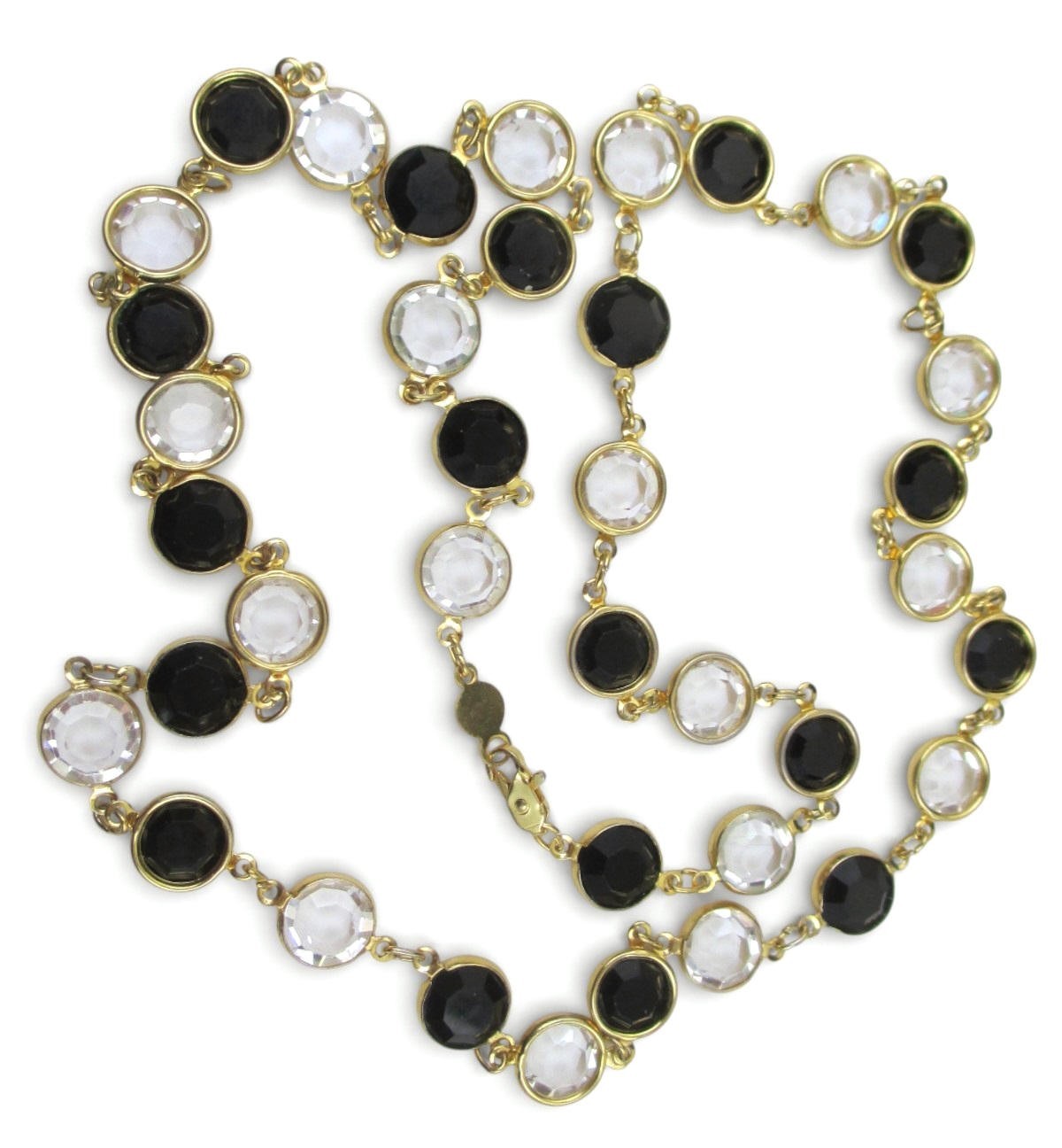 Vintage Black and Clear Austrian Crystal Bezel Gold Necklace 32″ Long Faceted