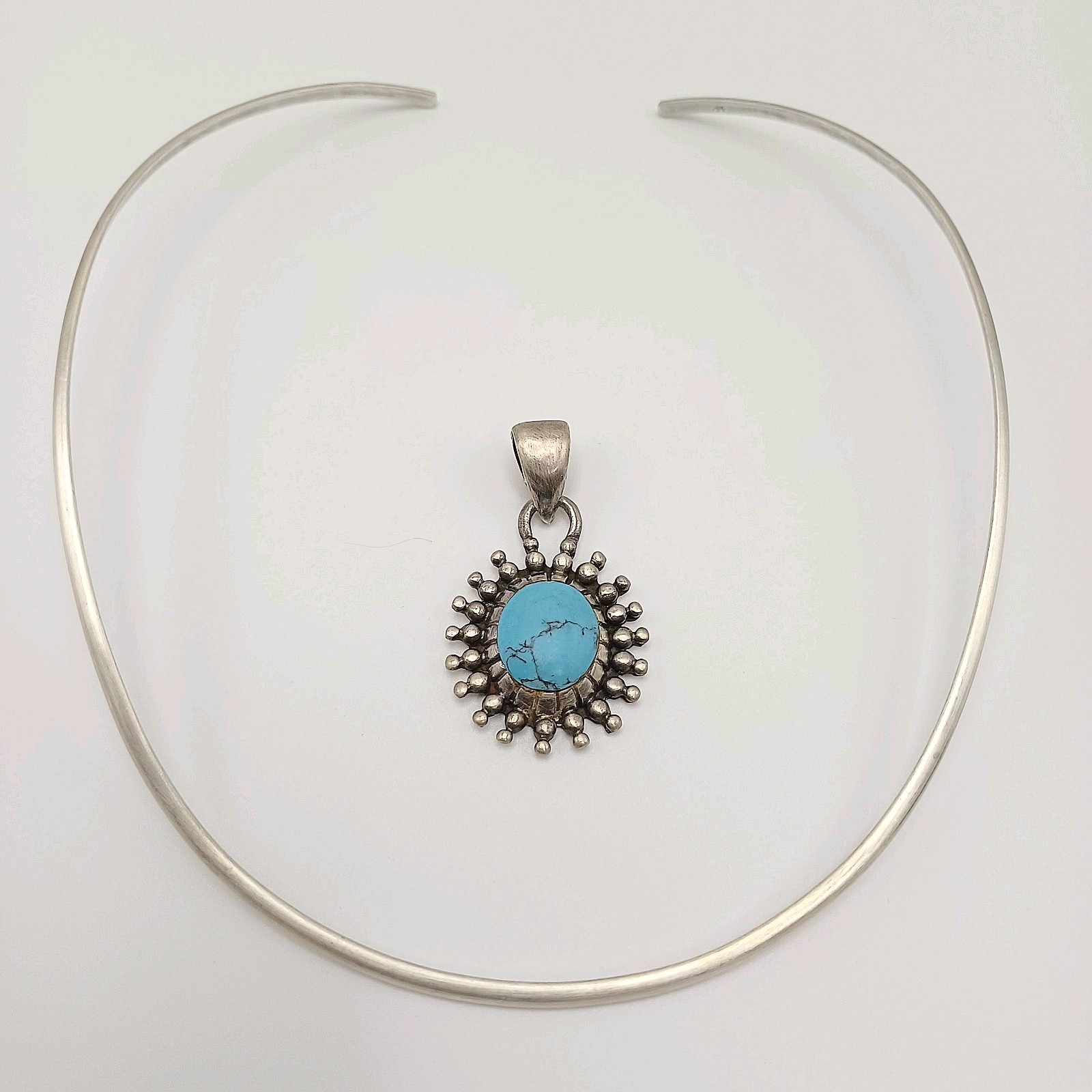 Vintage Sterling Silver Choker Turquoise Pendant Necklace 925 Ethnic Boho Jewelr