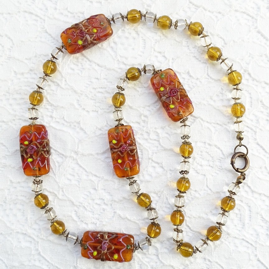 Vintage 1940s Venetian Wedding Cake Art Glass Bead Necklace Topaz Amber 25in