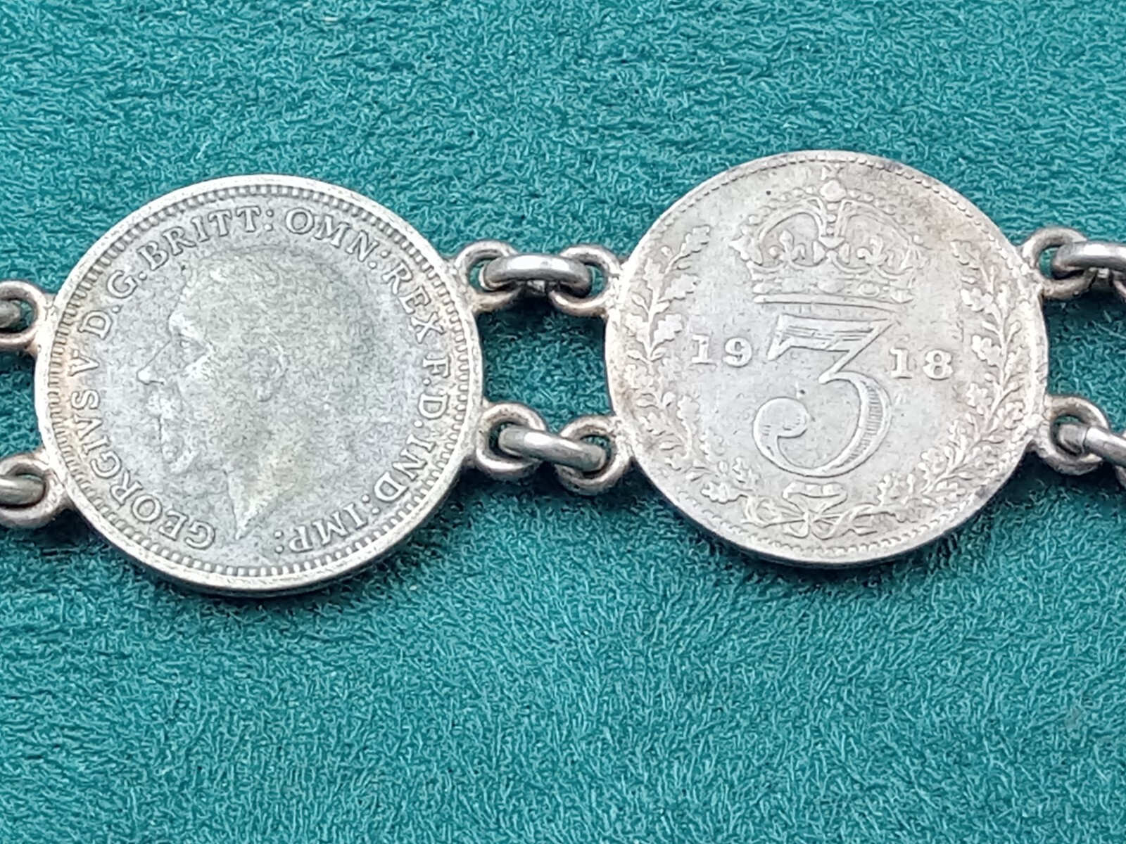 United Kingdom 3 Pence Silver Coin Link Bracelet: 7″ Long, King George