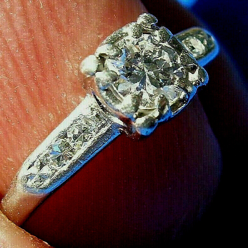 Original EARTH MINED DIAMOND Deco Engagement Ring Vintage PLATINUM Solitaire S 5